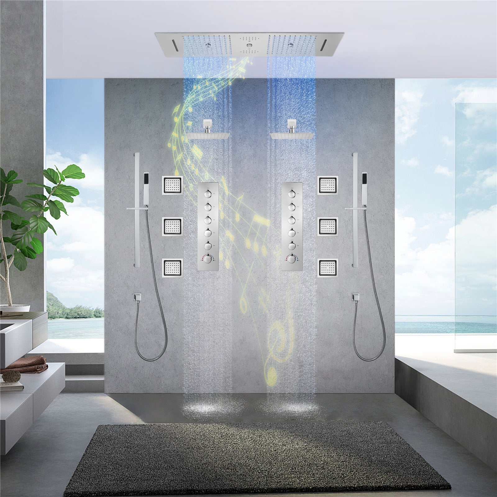 Multnomah| 36" In Dual Showerhead Complete Led Music Shower Set  6 Body Jets 2x Wall Mounted Rainfall Showerhead