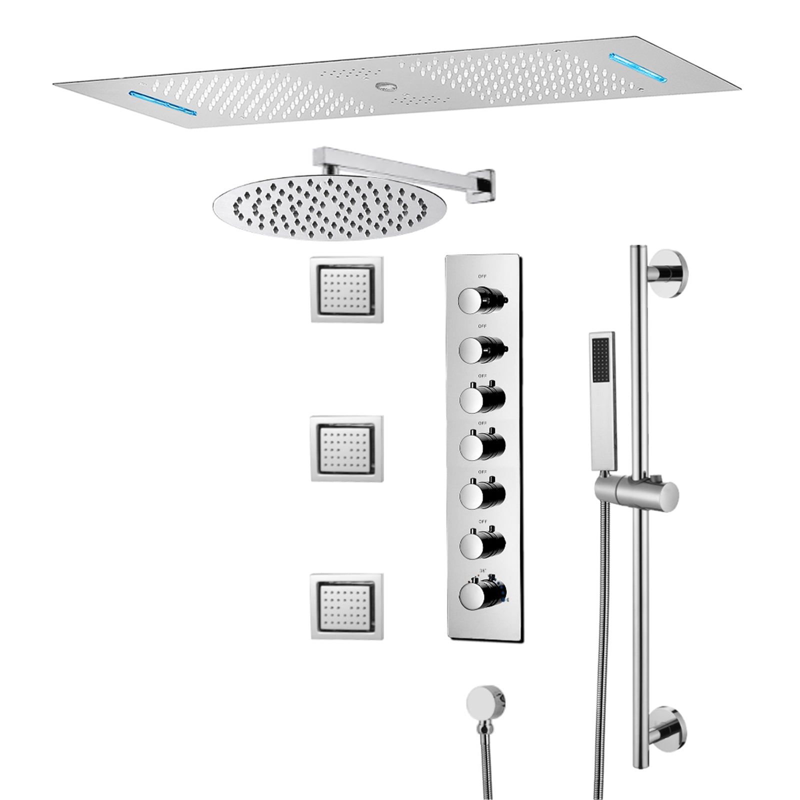 IVORY| 36" Complete ceiling shower set with 10" inch wall mounted rainfall showerhead 3 body jets dual shower head set