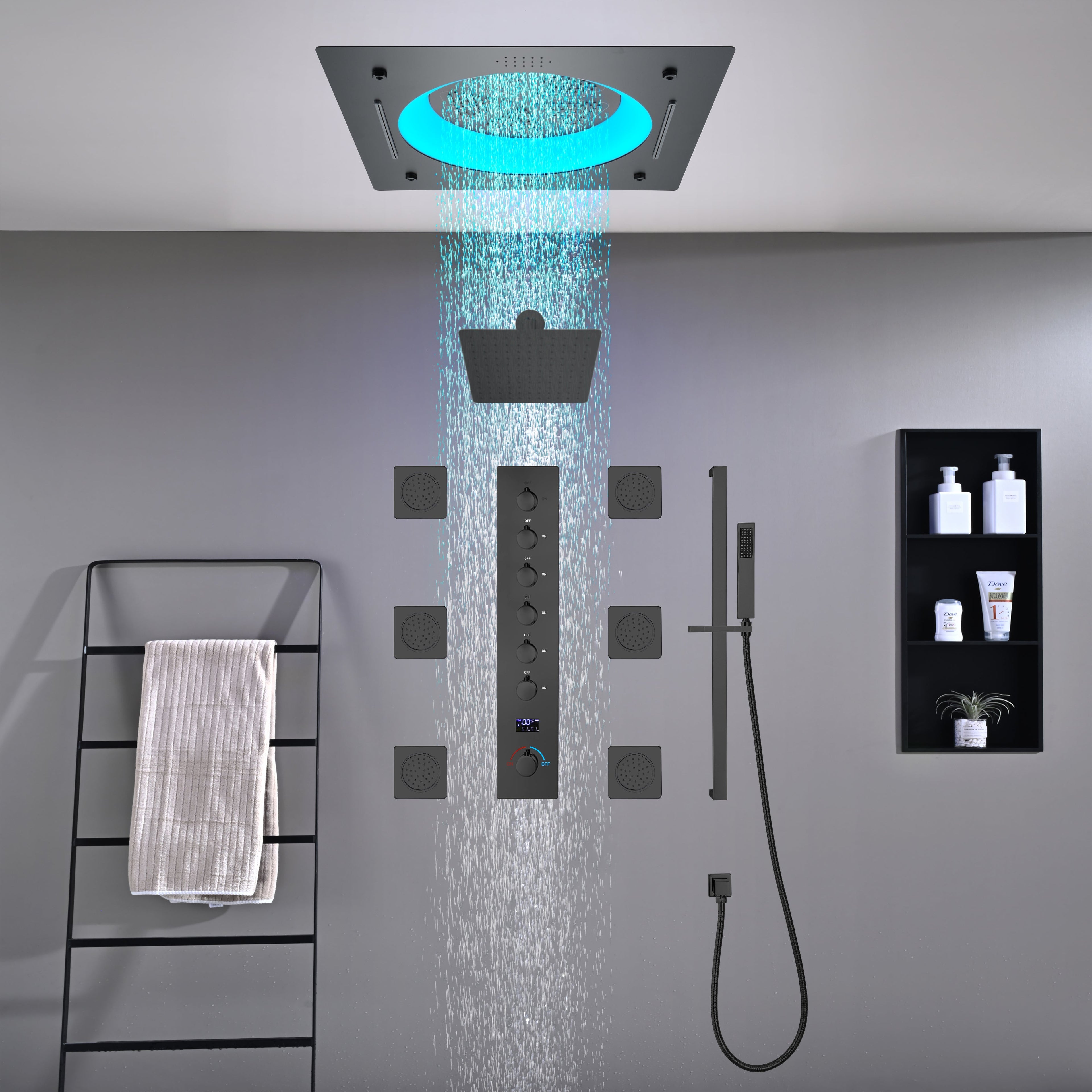 ORCHID|22"COMPLETE SHOWER SYSTEM CEILING MOUNT SHOWERHEAD WITH 6 BODY JETS AND WALL MOUNTED SHOWERHEAD