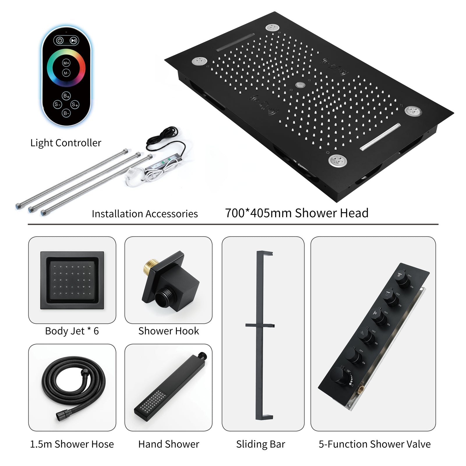 HAVASU| 28" COMLETE LED MUSIC  SHOWER SYSTEM RAINFALL WATERFALL 6 BODY JETS SHOWER SET