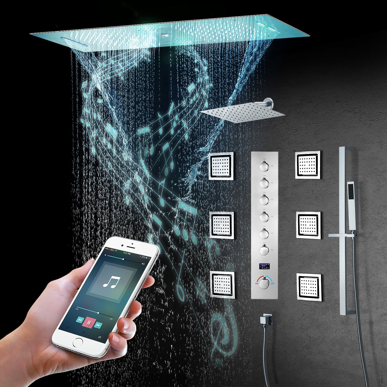 Sydney|36"Inch Complete Led Music Shower System Rainfall Waterfall & Wall Mounted Showerhead