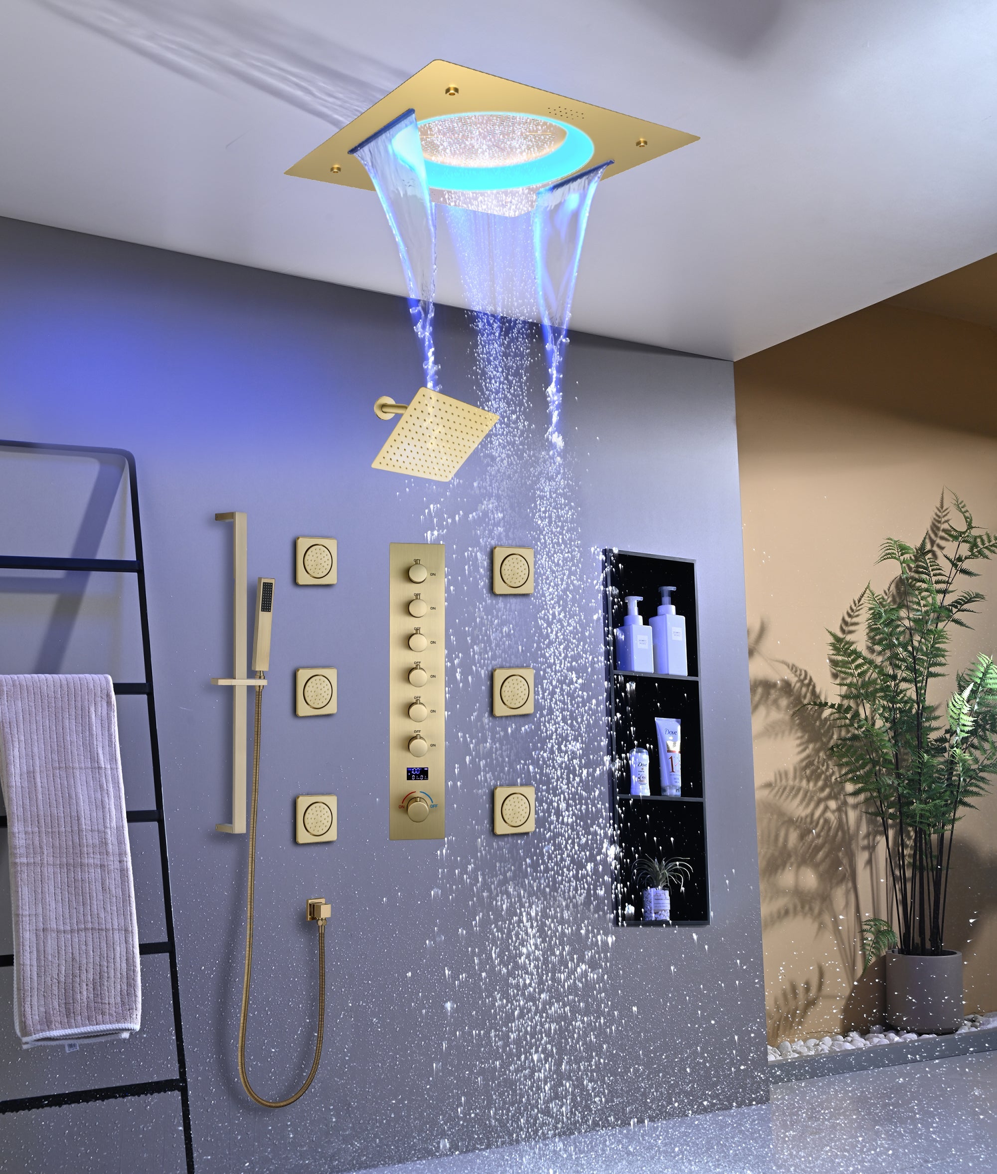 ORCHID|22"COMPLETE SHOWER SYSTEM CEILING MOUNT SHOWERHEAD WITH 6 BODY JETS AND WALL MOUNTED SHOWERHEAD