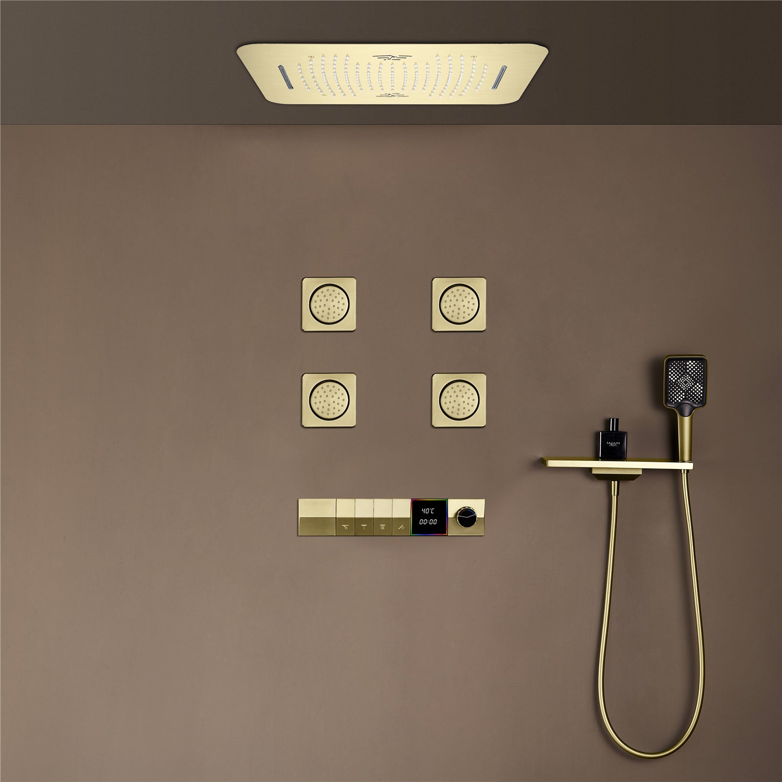 NEBRASKA| 23"Ceiling Mounted Complete Thermostatic LED Music Shower System 4 Body Jets