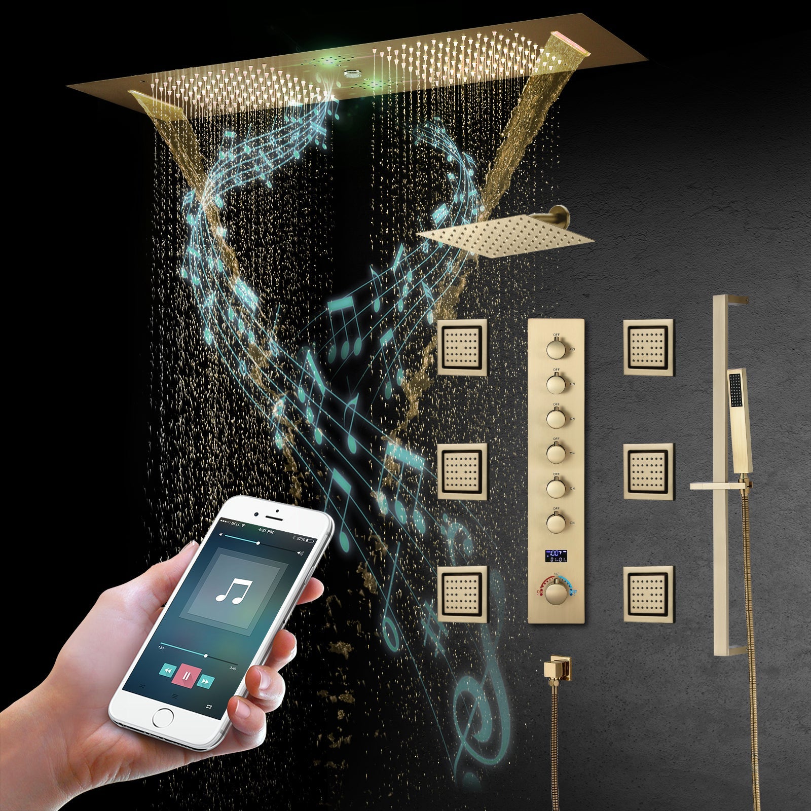 Sydney|36"Inch Complete Led Music Shower System Rainfall Waterfall & Wall Mounted Showerhead