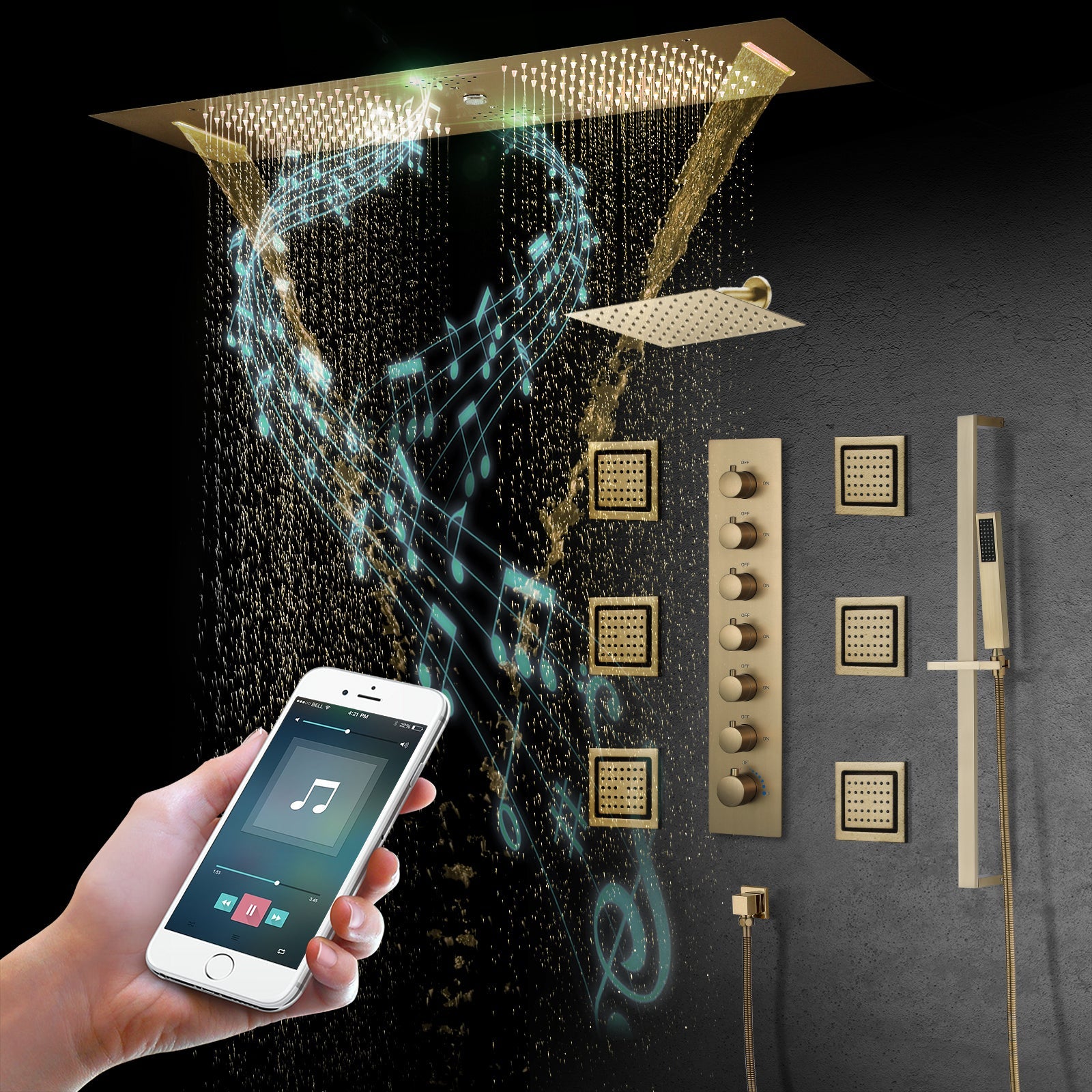 Sydney|36"Inch Complete Led Music Shower System Rainfall Waterfall & Wall Mounted Showerhead