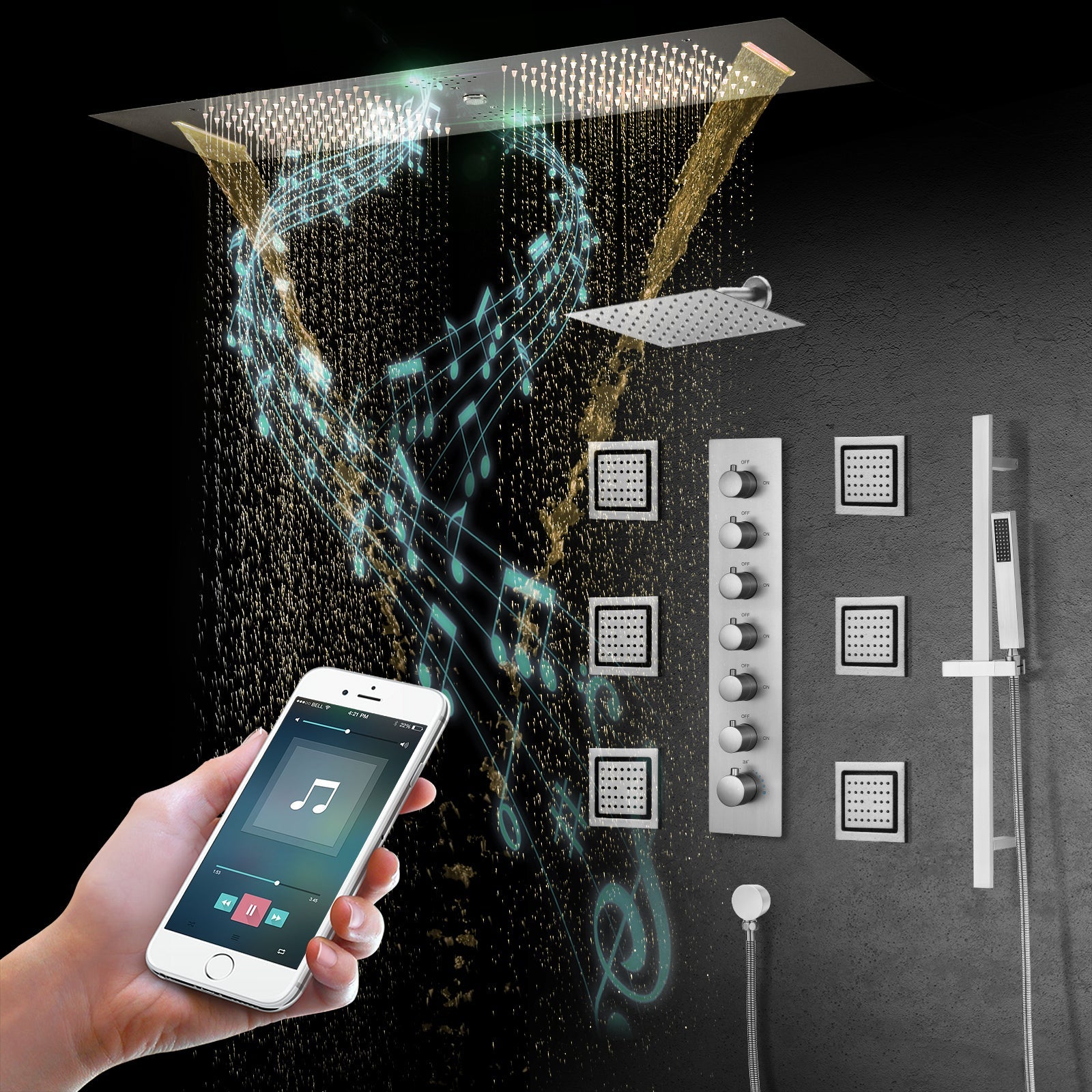 Sydney|36"Inch Complete Led Music Shower System Rainfall Waterfall & Wall Mounted Showerhead