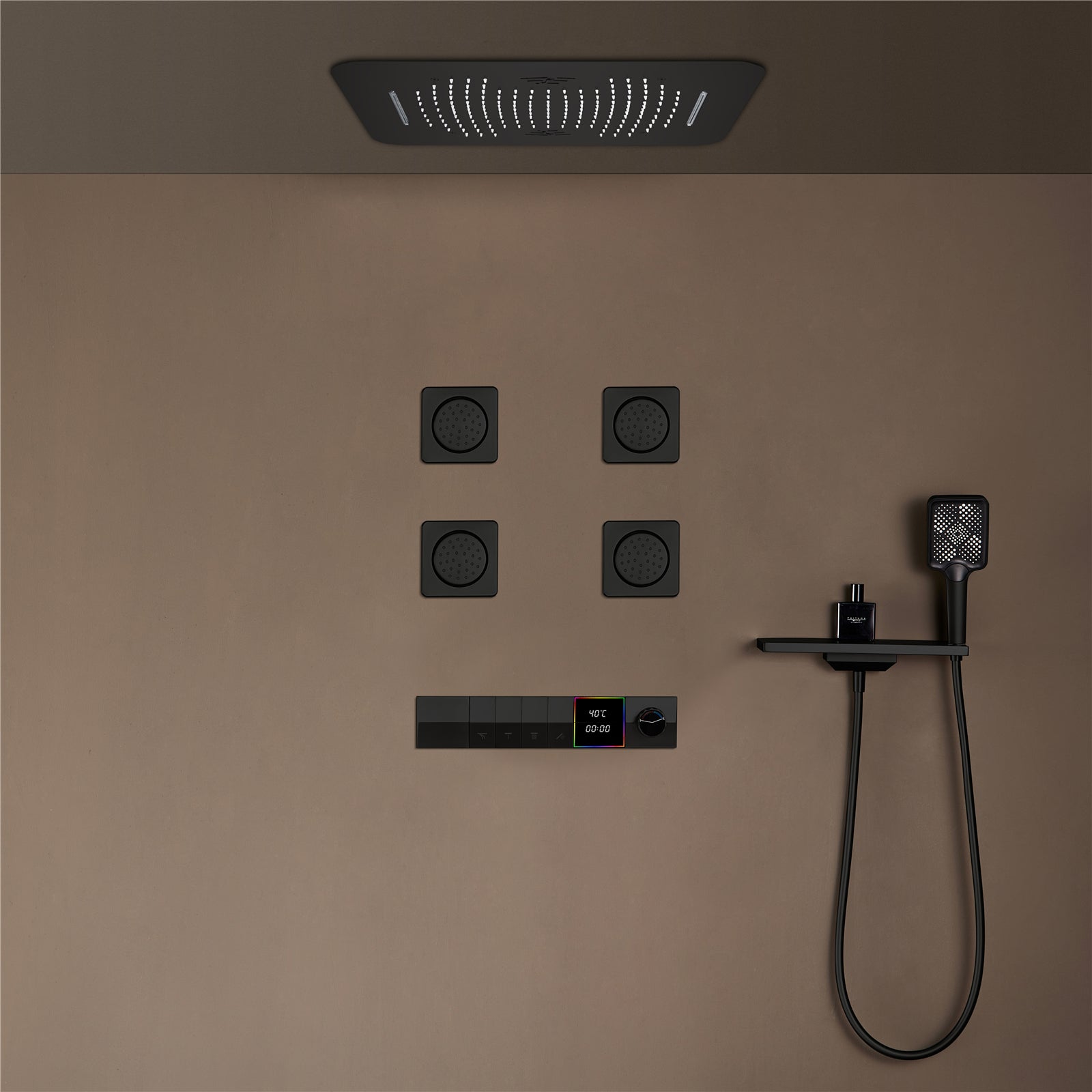 NEBRASKA| 23"Ceiling Mounted Complete Thermostatic LED Music Shower System 4 Body Jets