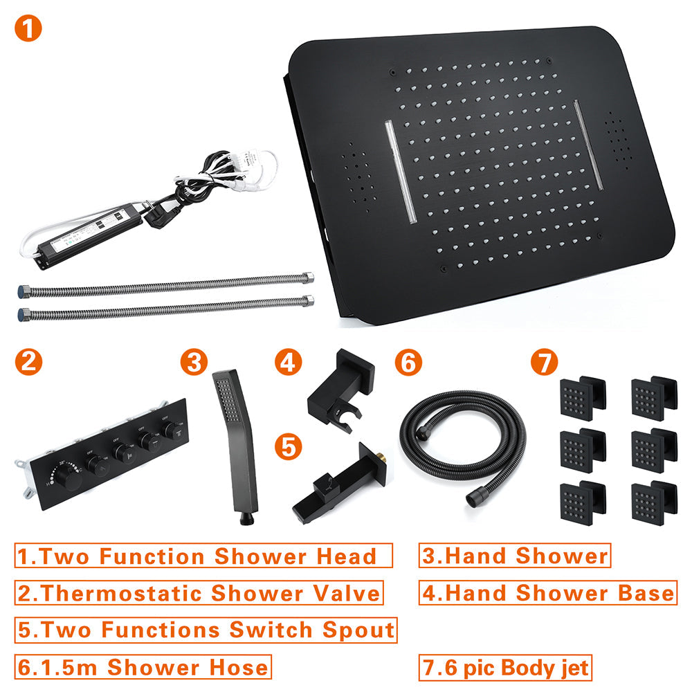 23" Ceiling mounted Thermostatic Complete Shower Set , LED Lights 2 Bluetooth Speakers, Rain & Waterfall Functions