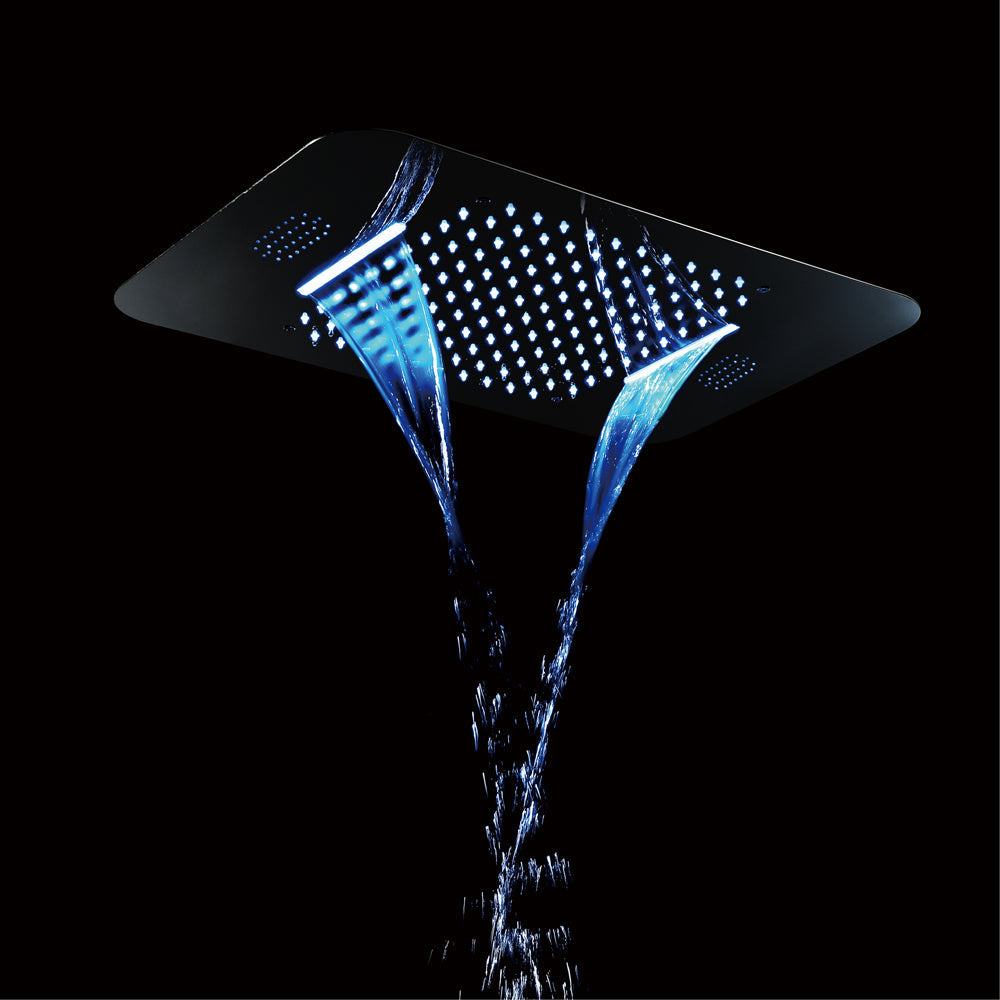 23" Ceiling mounted Thermostatic Complete Shower Set , LED Lights 2 Bluetooth Speakers, Rain & Waterfall Functions