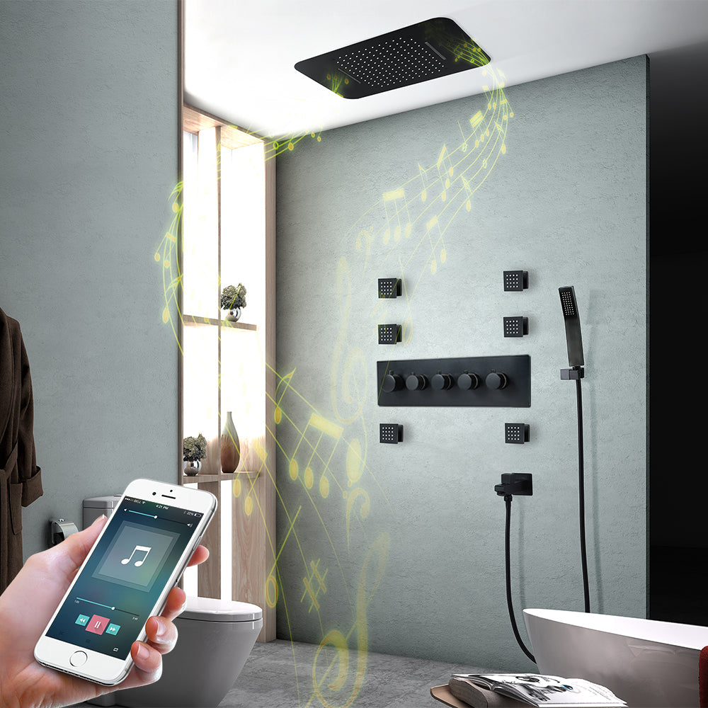23" Ceiling mounted Thermostatic Complete Shower Set , LED Lights 2 Bluetooth Speakers, Rain & Waterfall Functions