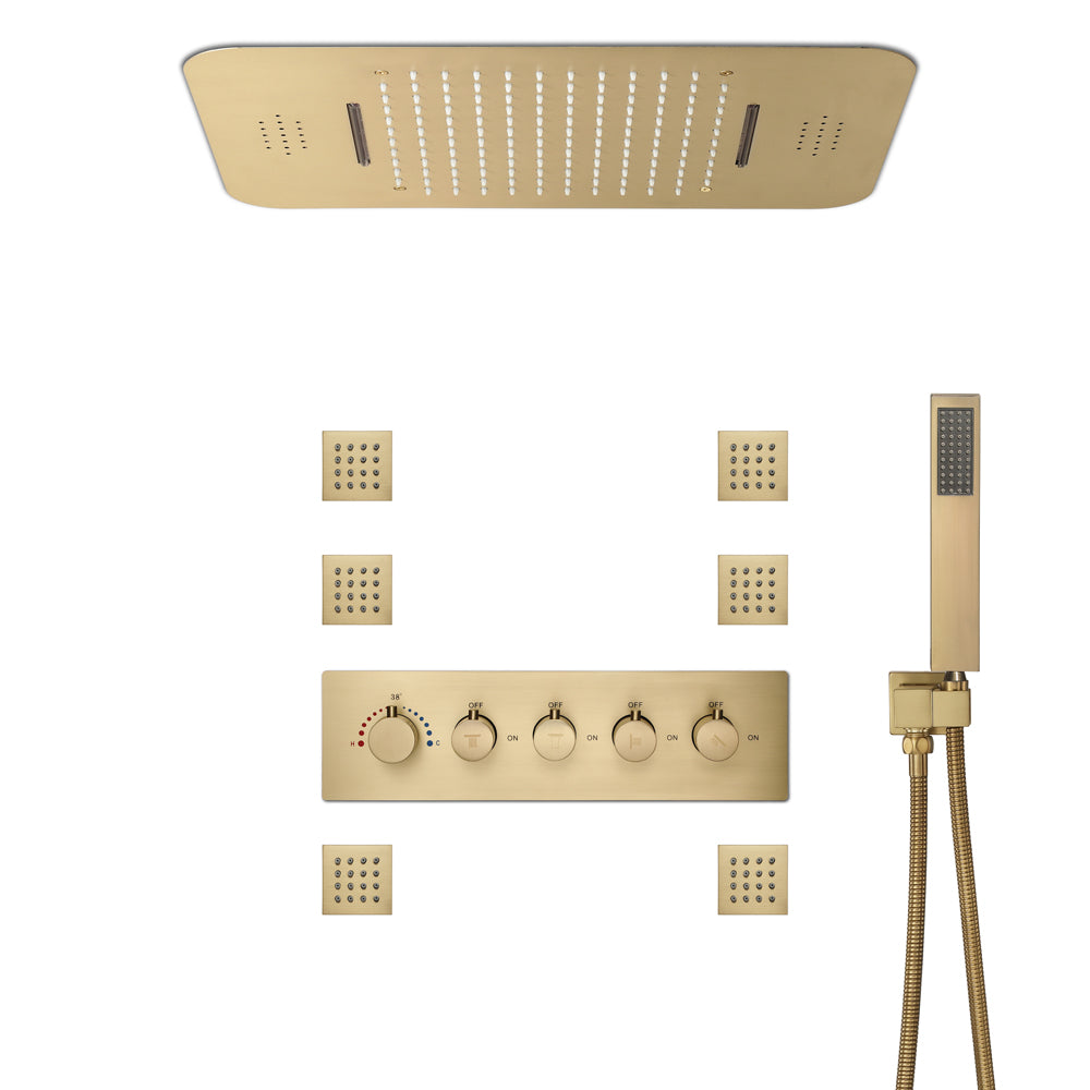 23" Ceiling mounted Thermostatic Complete Shower Set , LED Lights 2 Bluetooth Speakers, Rain & Waterfall Functions