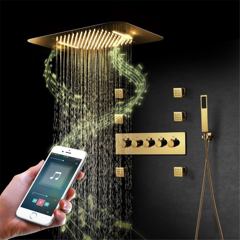 23"  Gold Complete Shower set Rain & Waterfall Functions. 2 Bluetooth Speakers 64 Colors LED lights , 6 Relaxing  Muscles Body Jets, Hand shower & Spouts.
