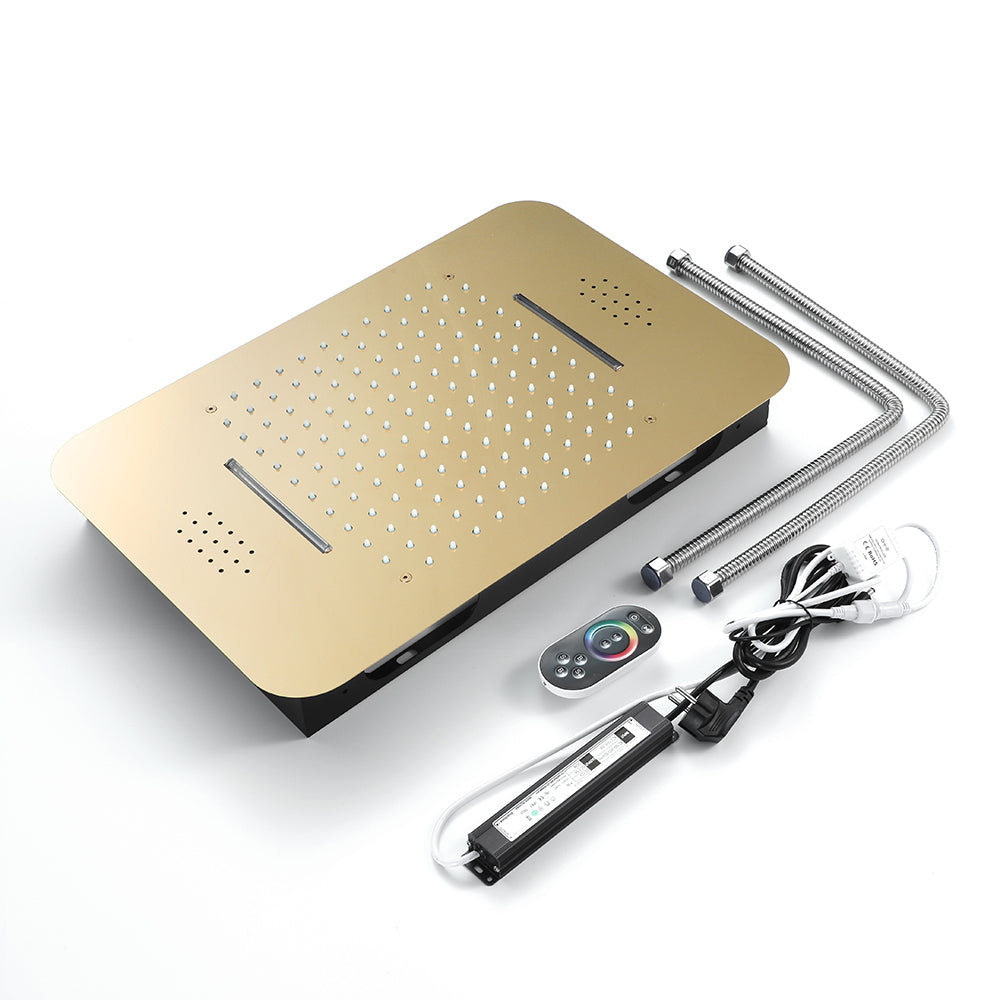 23"  Gold Complete Shower set Rain & Waterfall Functions. 2 Bluetooth Speakers 64 Colors LED lights , 6 Relaxing  Muscles Body Jets, Hand shower & Spouts.