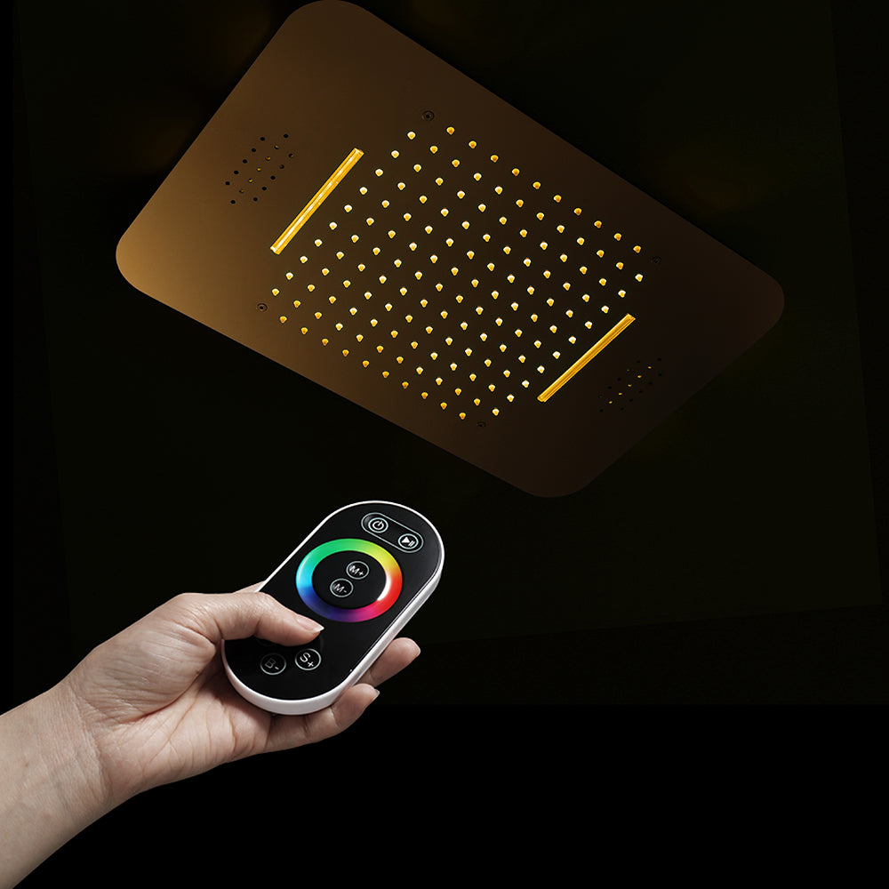 23"  Gold Complete Shower set Rain & Waterfall Functions. 2 Bluetooth Speakers 64 Colors LED lights , 6 Relaxing  Muscles Body Jets, Hand shower & Spouts.