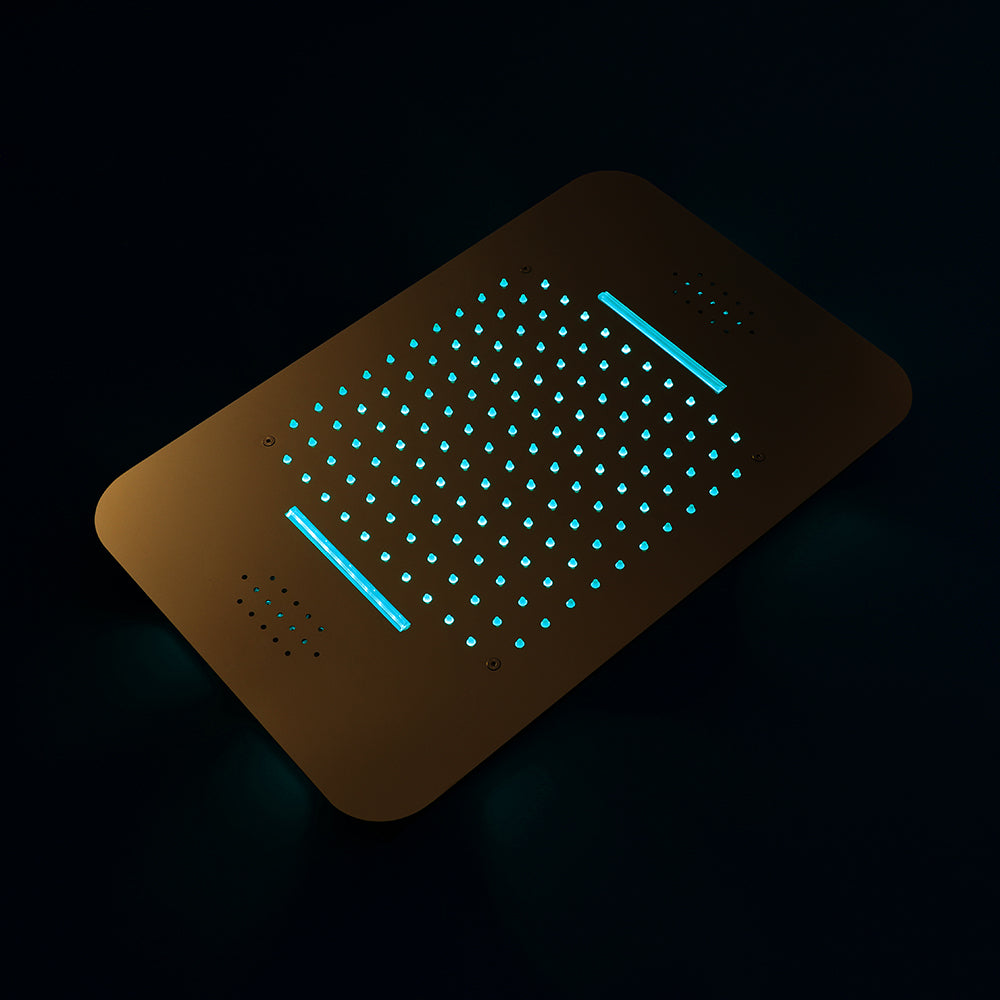 23"  Gold Complete Shower set Rain & Waterfall Functions. 2 Bluetooth Speakers 64 Colors LED lights , 6 Relaxing  Muscles Body Jets, Hand shower & Spouts.