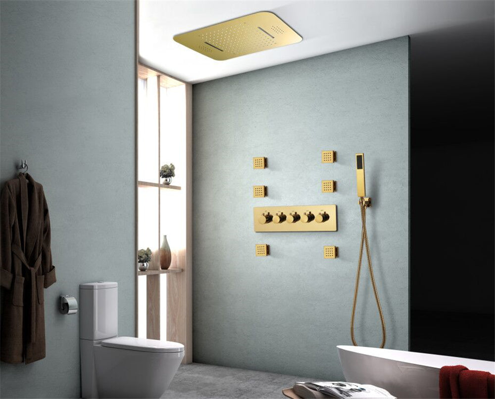 23"  Gold Complete Shower set Rain & Waterfall Functions. 2 Bluetooth Speakers 64 Colors LED lights , 6 Relaxing  Muscles Body Jets, Hand shower & Spouts.