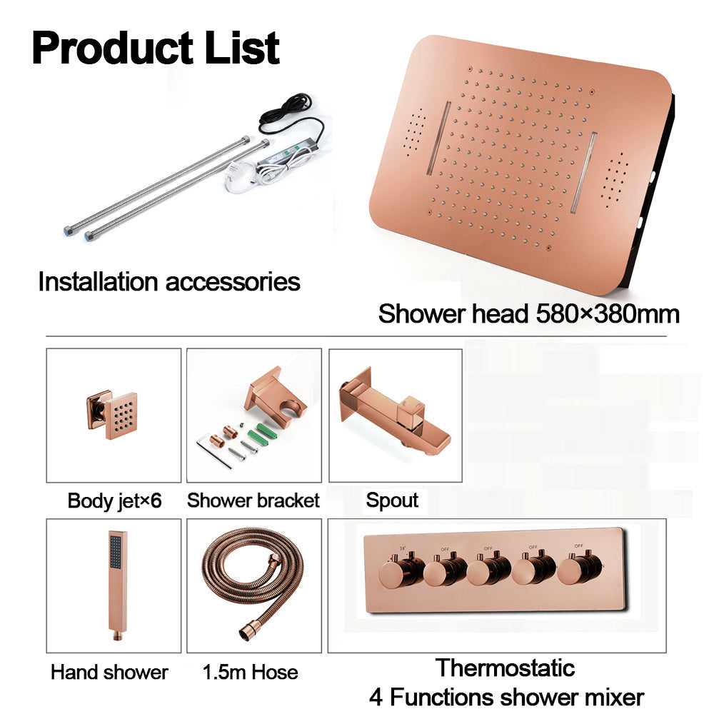 23"  Gold Complete Shower set Rain & Waterfall Functions. 2 Bluetooth Speakers 64 Colors LED lights , 6 Relaxing  Muscles Body Jets, Hand shower & Spouts.