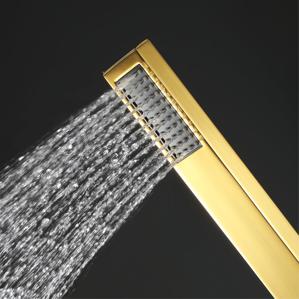 23"  Gold Complete Shower set Rain & Waterfall Functions. 2 Bluetooth Speakers 64 Colors LED lights , 6 Relaxing  Muscles Body Jets, Hand shower & Spouts.