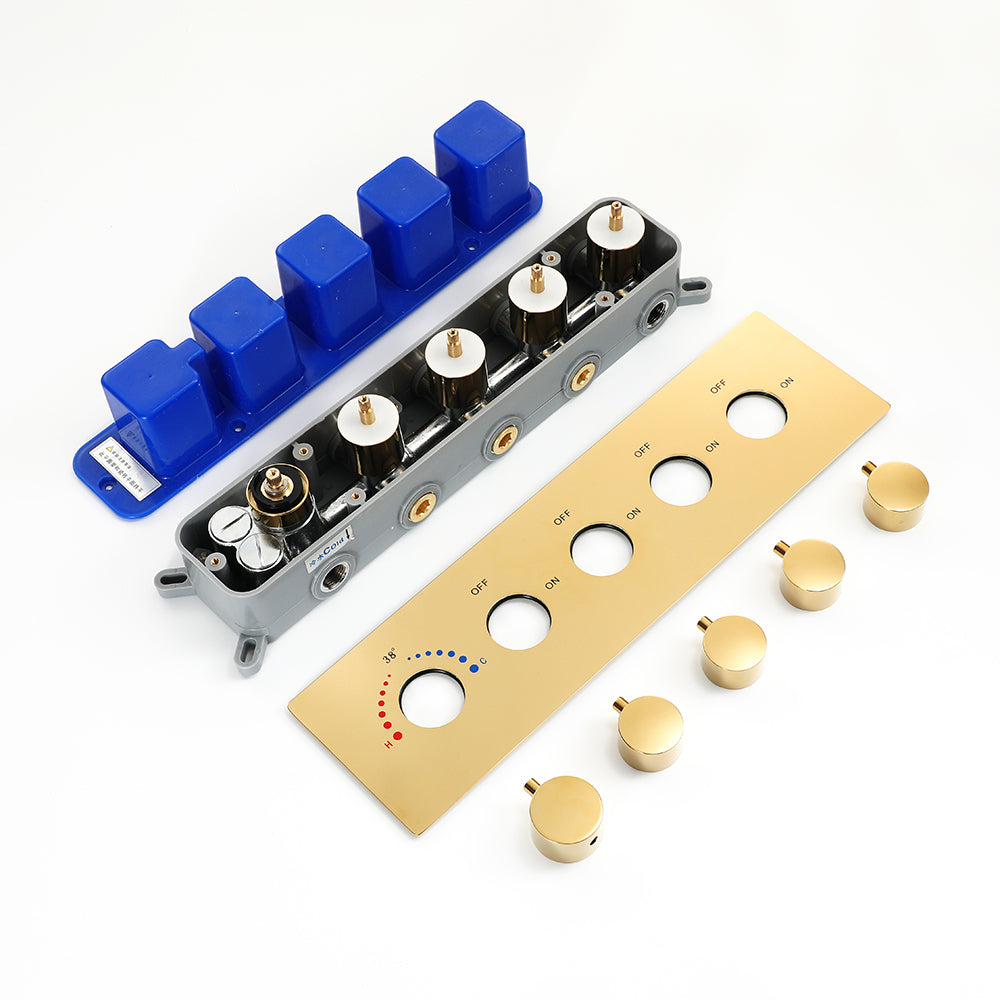 23"  Gold Complete Shower set Rain & Waterfall Functions. 2 Bluetooth Speakers 64 Colors LED lights , 6 Relaxing  Muscles Body Jets, Hand shower & Spouts.