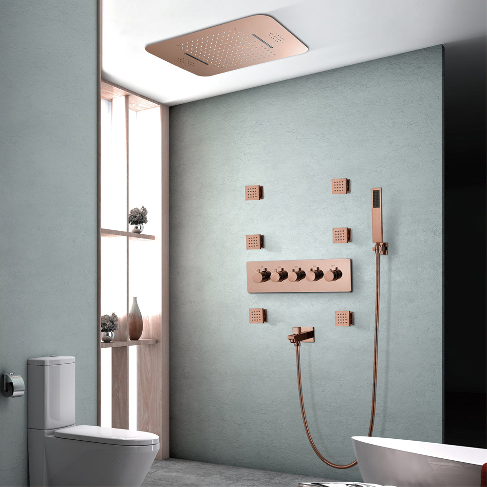 23" inch Complete Luxury  Thermostatic Shower System Rose Gold Finish , LED Lights 2 Speakers Bluetooth, Rain & Waterfall Functions 6 Body Jets Massage