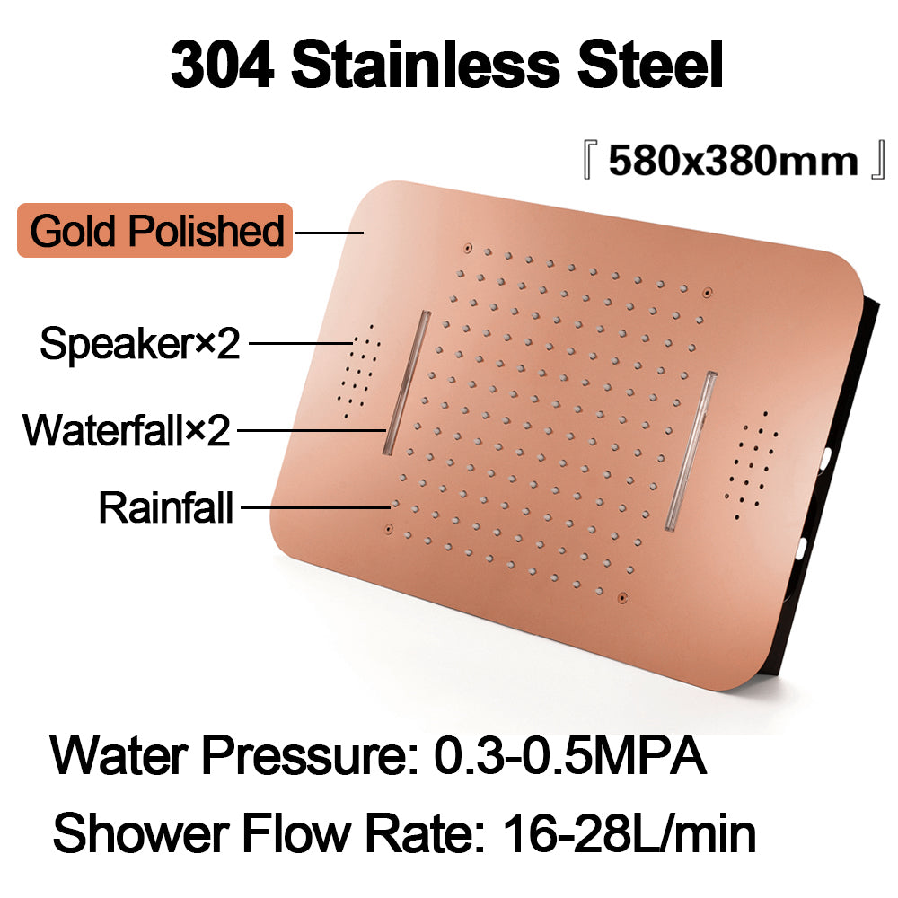23" inch Complete Luxury  Thermostatic Shower System Rose Gold Finish , LED Lights 2 Speakers Bluetooth, Rain & Waterfall Functions 6 Body Jets Massage