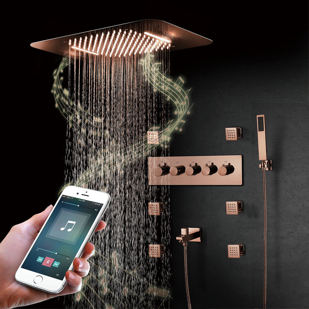 23" inch Complete Luxury  Thermostatic Shower System Rose Gold Finish , LED Lights 2 Speakers Bluetooth, Rain & Waterfall Functions 6 Body Jets Massage