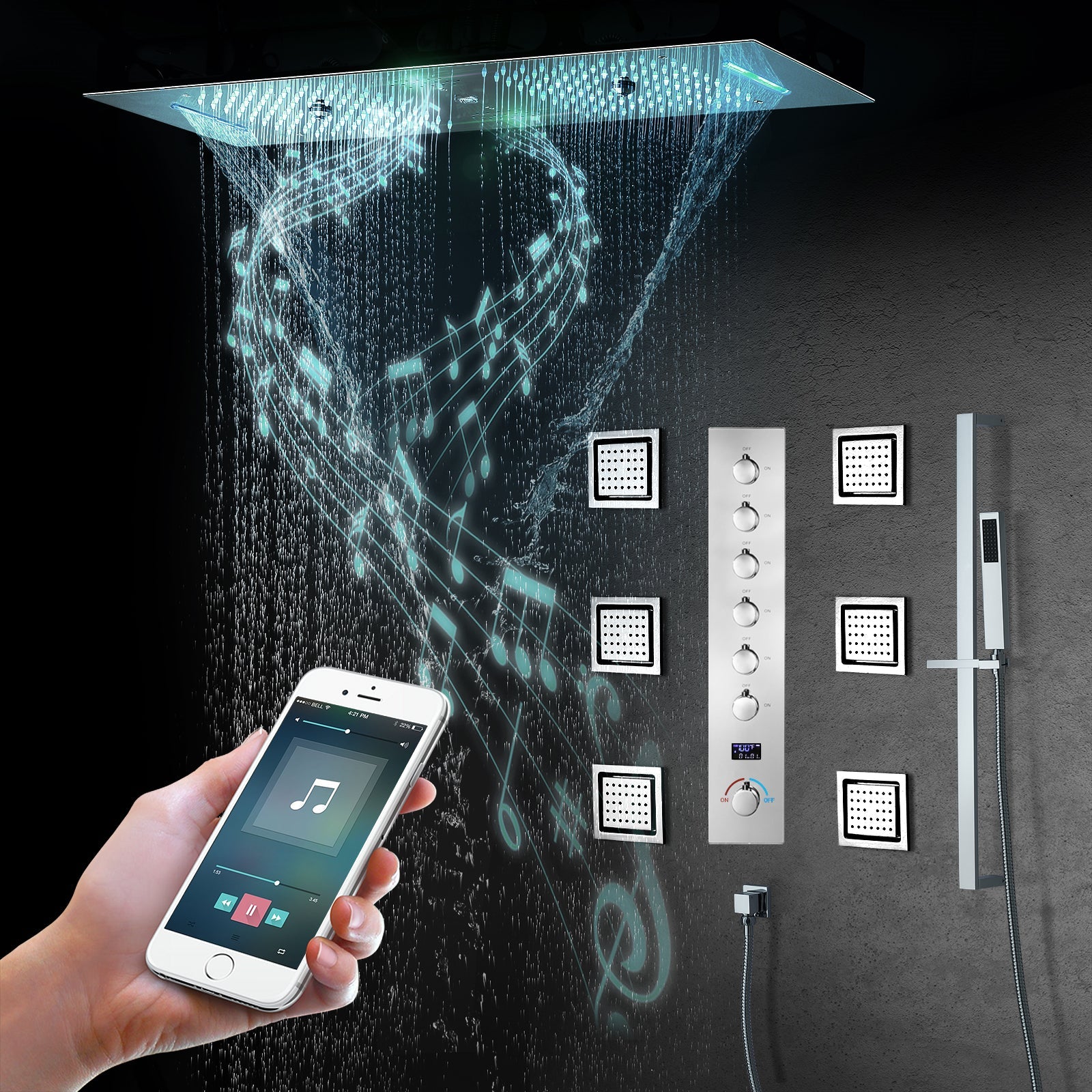 Sydney|36"Inch Complete Led Music Shower System Rainfall Waterfall & Wall Mounted Showerhead