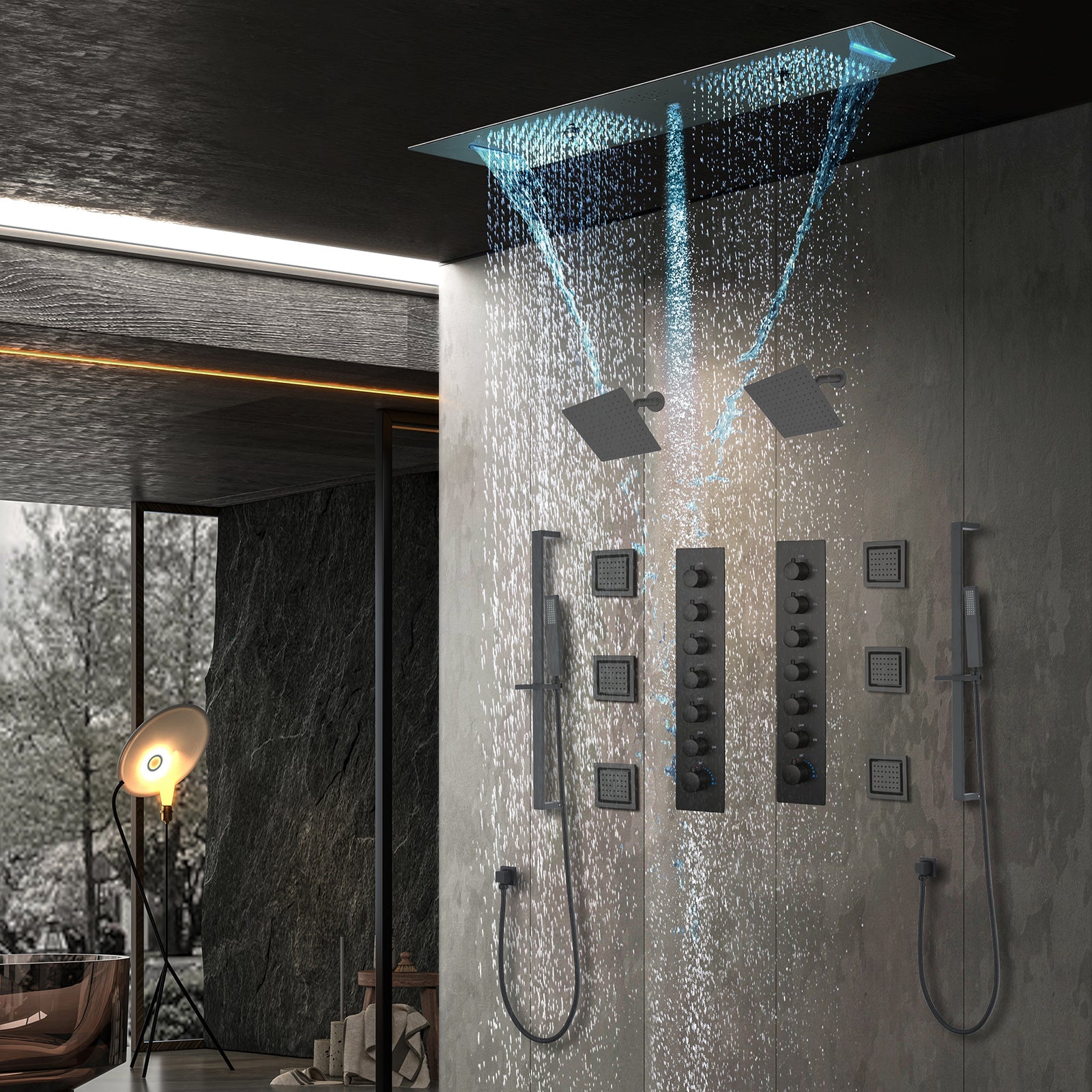 Multnomah| 36" In Dual Showerhead Complete Led Music Shower Set  6 Body Jets 2x Wall Mounted Rainfall Showerhead