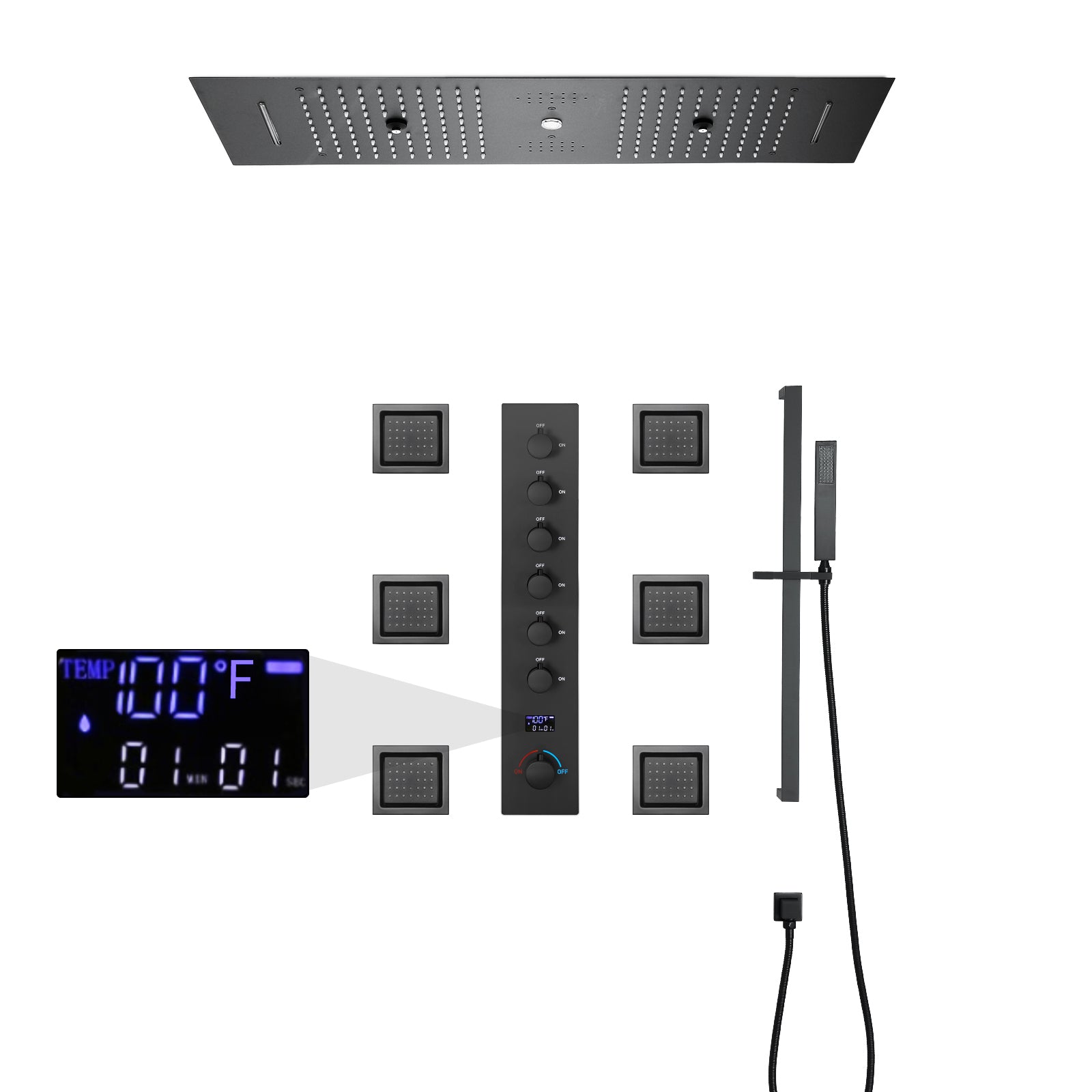 EDEN  | 36" Ceiling Mounted Complete LED Music Shower Set Rainfall/Waterfall/Mist Spray/Water Column/Large Body Jets
