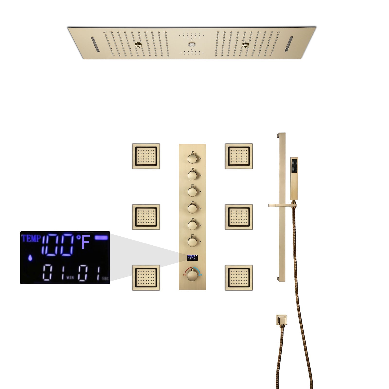 EDEN  | 36" Ceiling Mounted Complete LED Music Shower Set Rainfall/Waterfall/Mist Spray/Water Column/Large Body Jets