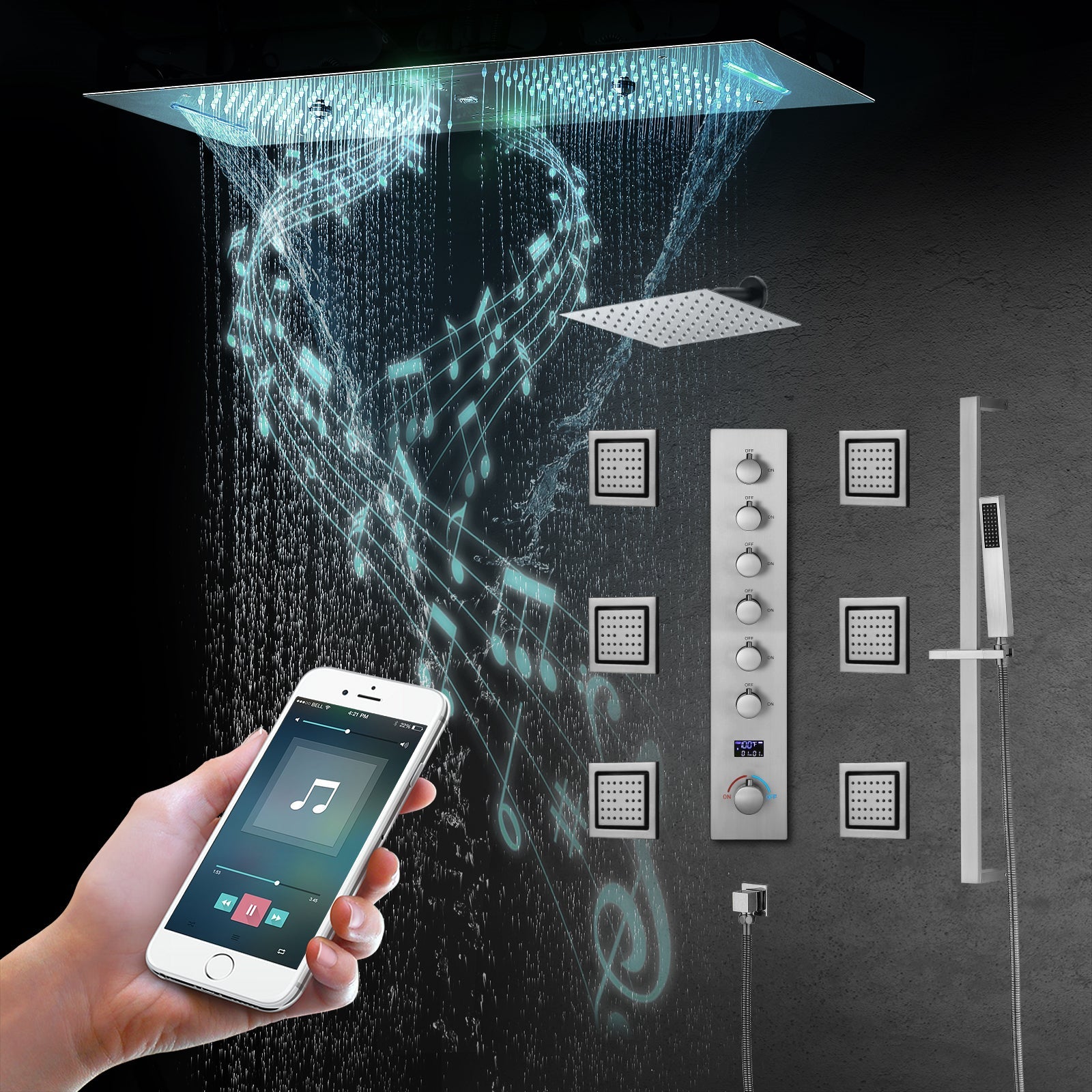 Sydney|36"Inch Complete Led Music Shower System Rainfall Waterfall & Wall Mounted Showerhead