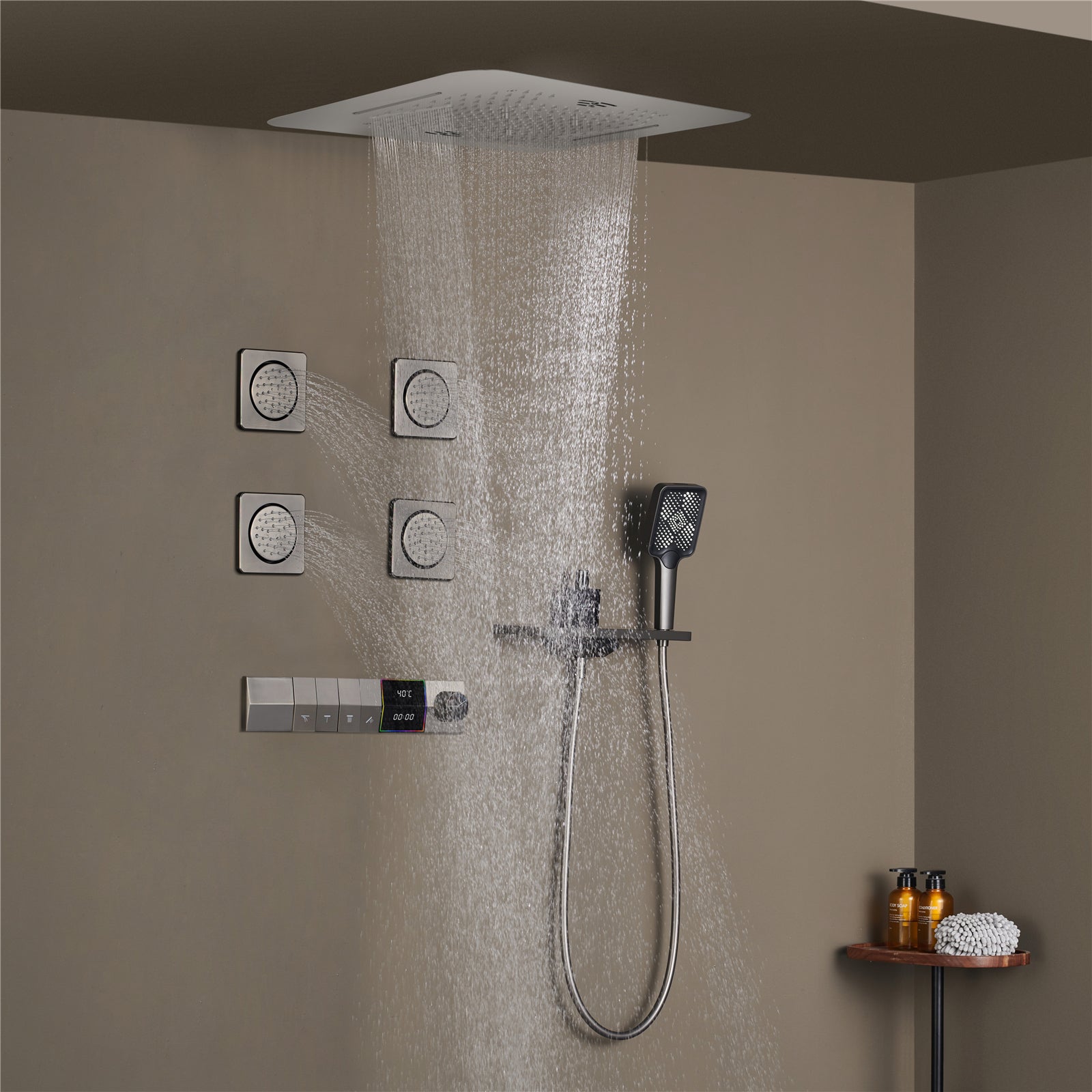 NEBRASKA| 23"Ceiling Mounted Complete Thermostatic LED Music Shower System 4 Body Jets