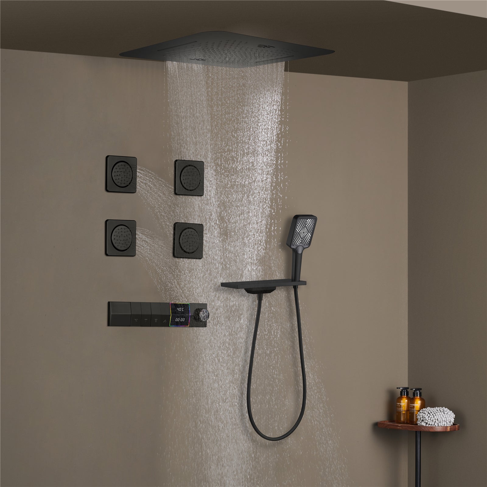NEBRASKA| 23"Ceiling Mounted Complete Thermostatic LED Music Shower System 4 Body Jets