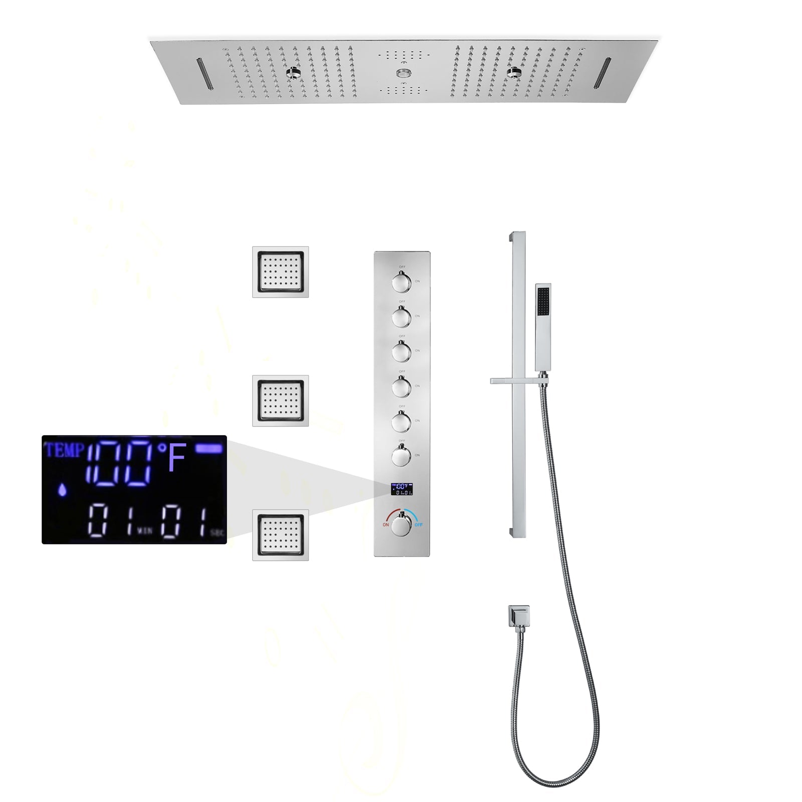 EDEN  | 36" Ceiling Mounted Complete LED Music Shower Set Rainfall/Waterfall/Mist Spray/Water Column/Large Body Jets