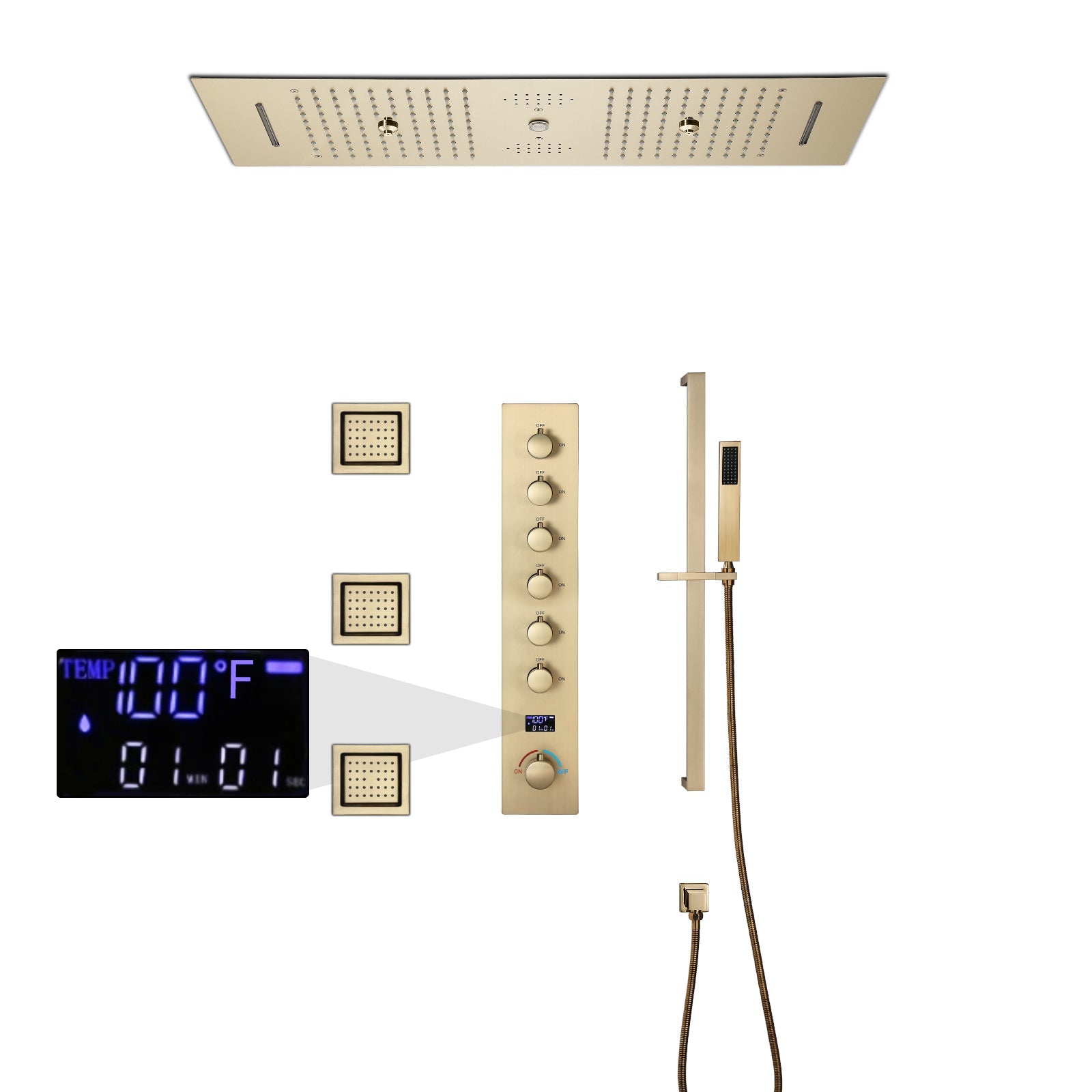 EDEN  | 36" Ceiling Mounted Complete LED Music Shower Set Rainfall/Waterfall/Mist Spray/Water Column/Large Body Jets