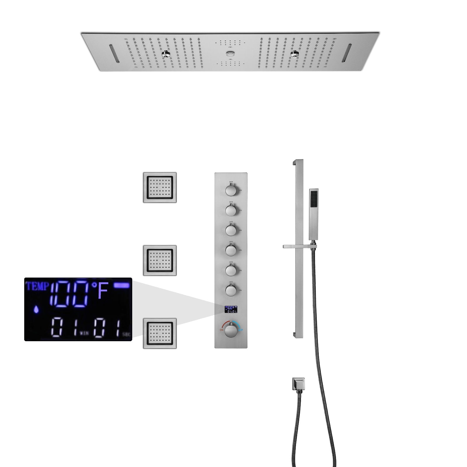 EDEN  | 36" Ceiling Mounted Complete LED Music Shower Set Rainfall/Waterfall/Mist Spray/Water Column/Large Body Jets
