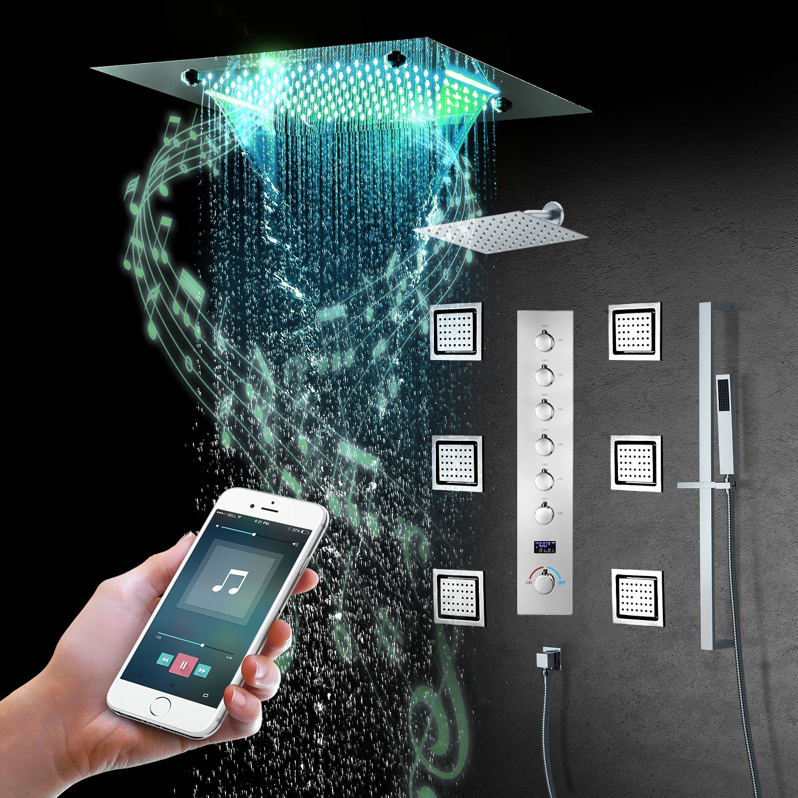 MONACO| 20" x 20" Complete Luxury LED Music shower set Rainfall , Waterfall, Mist Spray 6x Body Jets