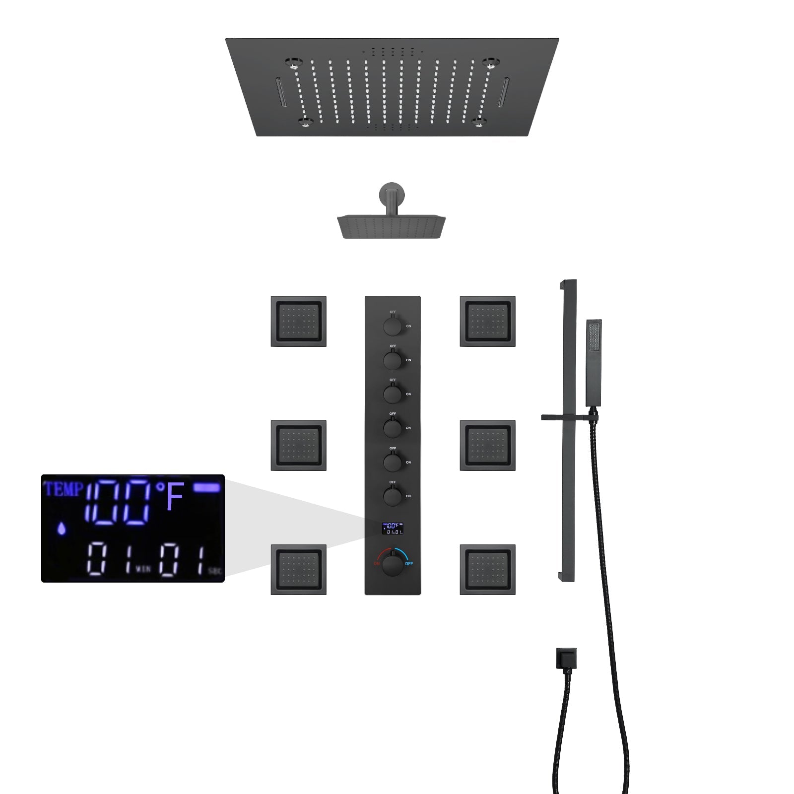 MONACO| 20" x 20" Complete Luxury LED Music shower set Rainfall , Waterfall, Mist Spray 6x Body Jets