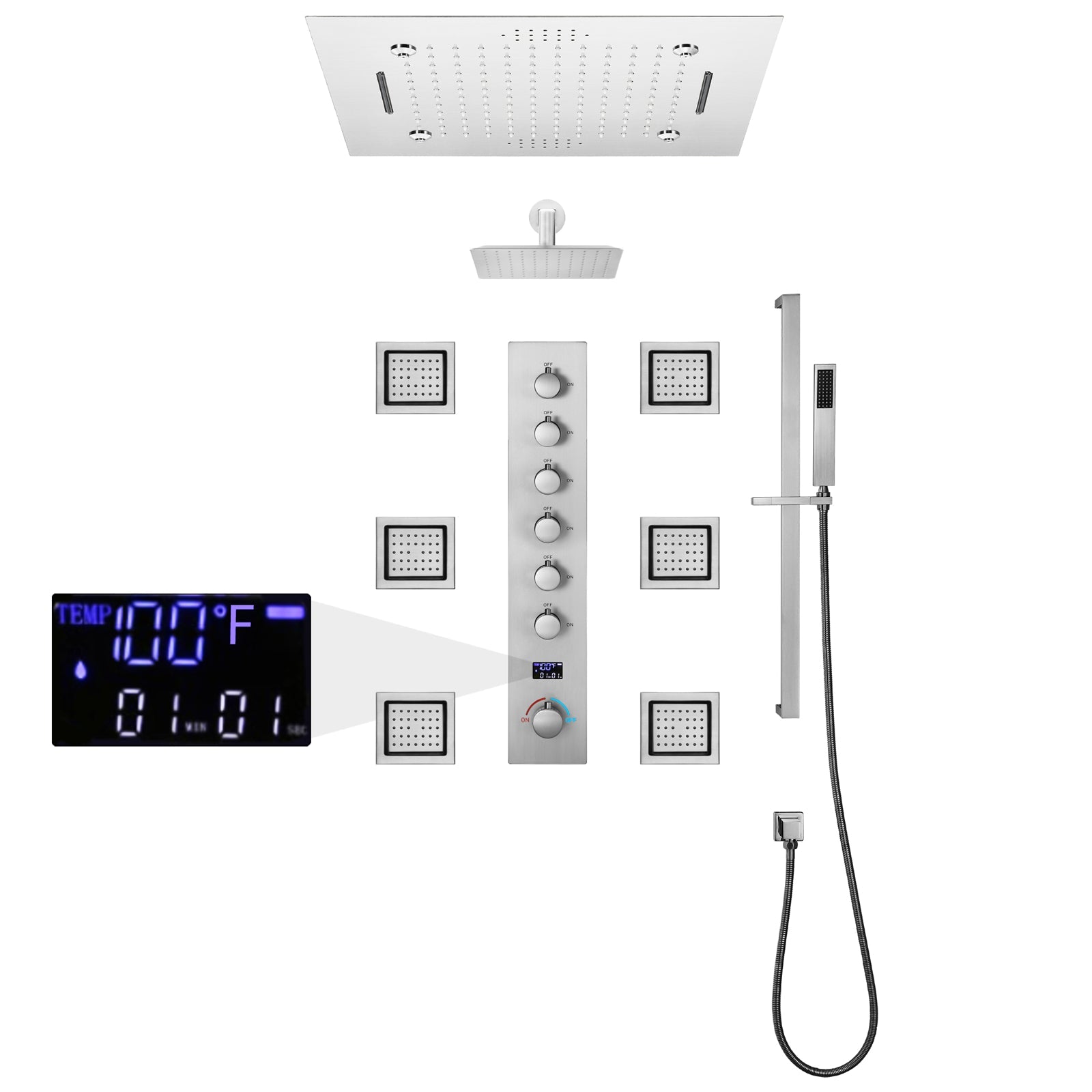 MONACO| 20" x 20" Complete Luxury LED Music shower set Rainfall , Waterfall, Mist Spray 6x Body Jets