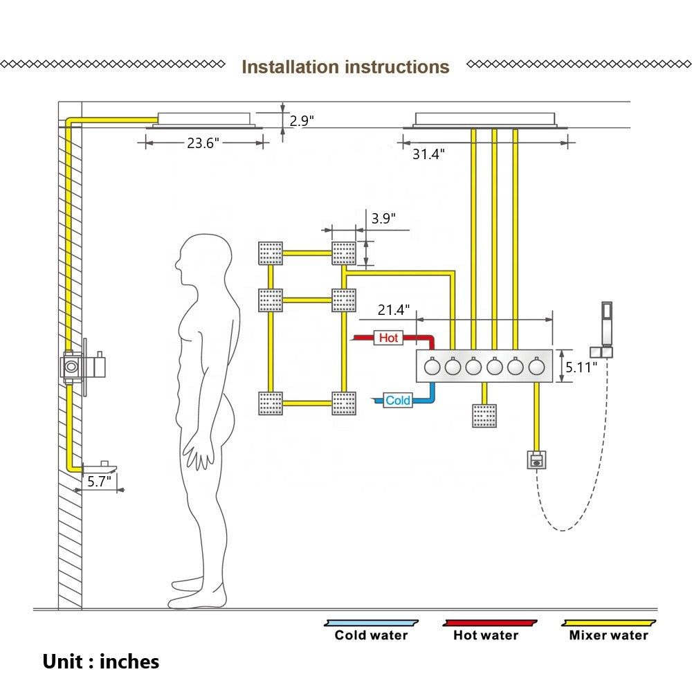 ALASKA| 32" Chrome Luxury Complete LED Music Shower Set Rain Waterfall Mist Spray Function 6 Body Jets & Hand Shower