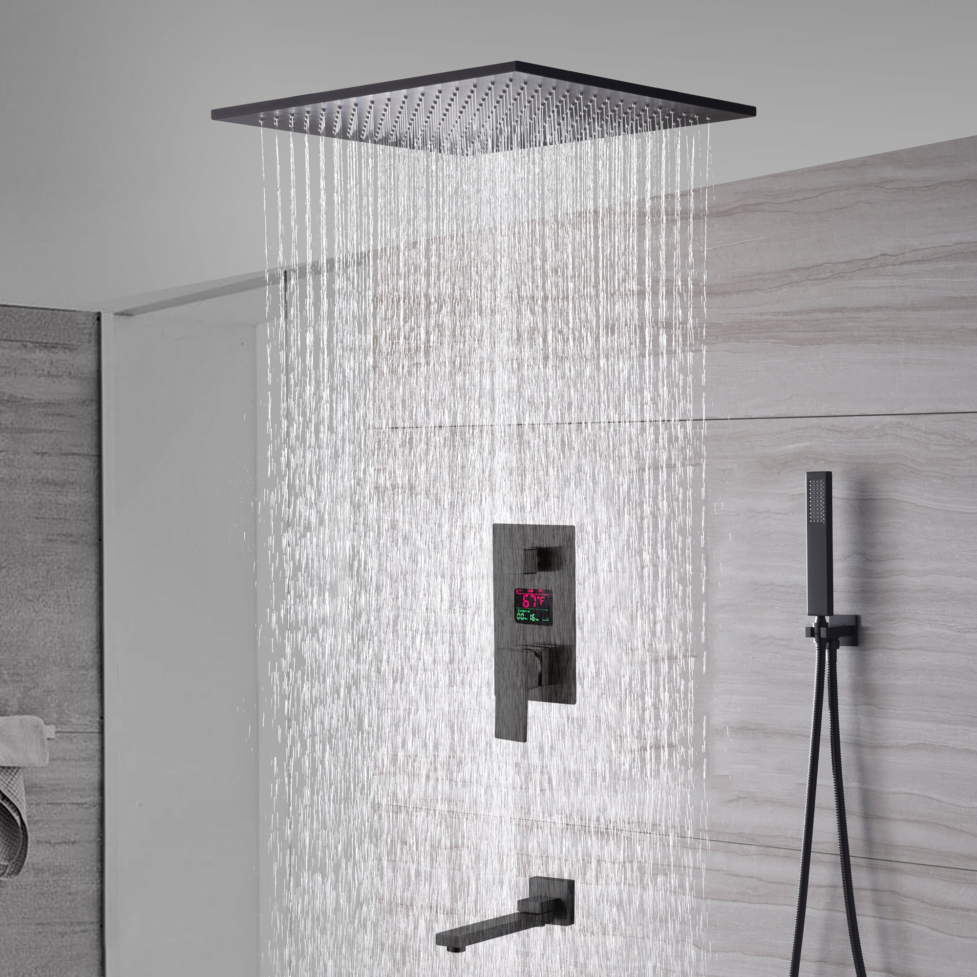 AURORA|20" CEILING MOUNT COMPLETE SHOWER SYSTEM DIGITAL DISPLAY VALVE