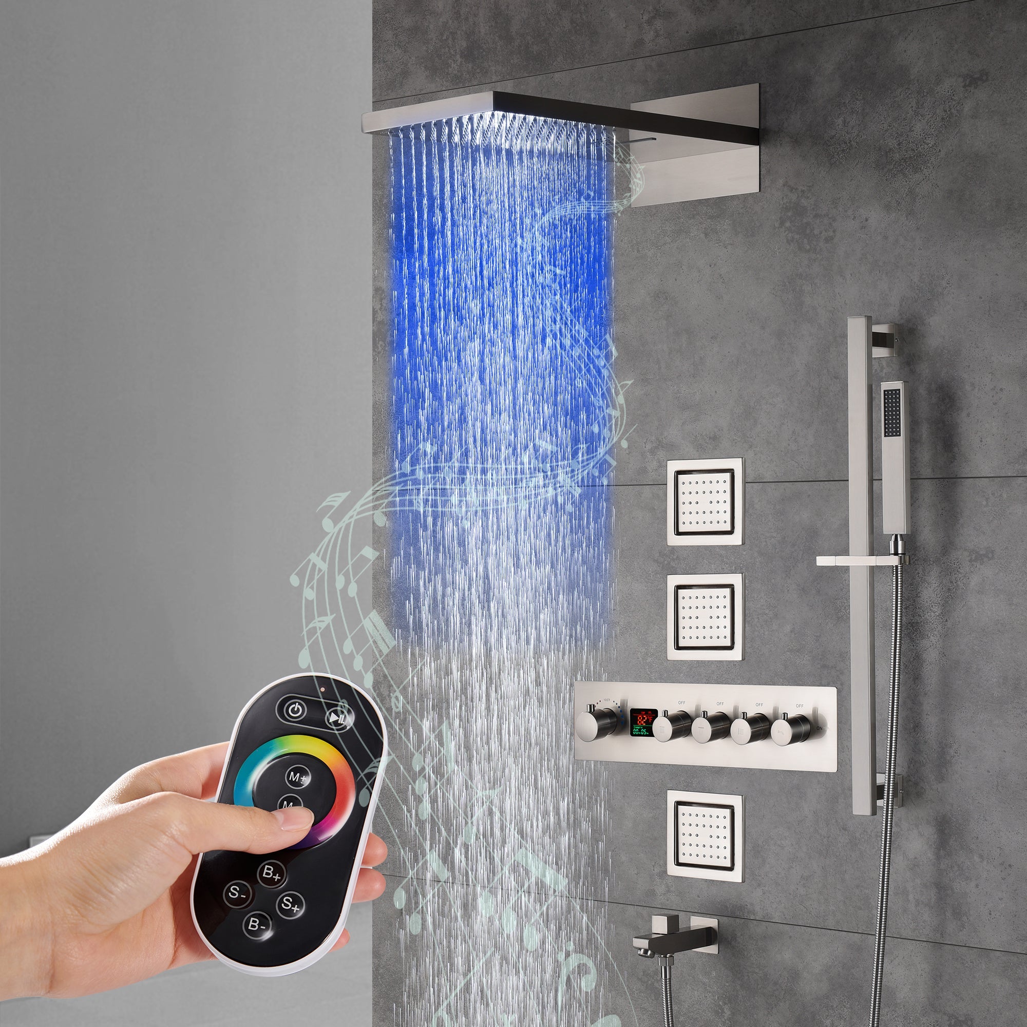 Arial| Rainfall Waterfall Wall Mounted Thermostatic LED Music Shower System with Large Body Jets Shower System