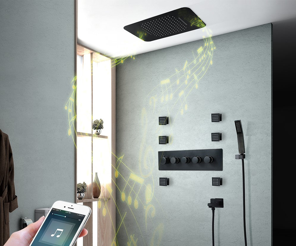 23" Ceiling mounted Thermostatic Complete Shower Set , LED Lights 2 Bluetooth Speakers, Rain & Waterfall Functions