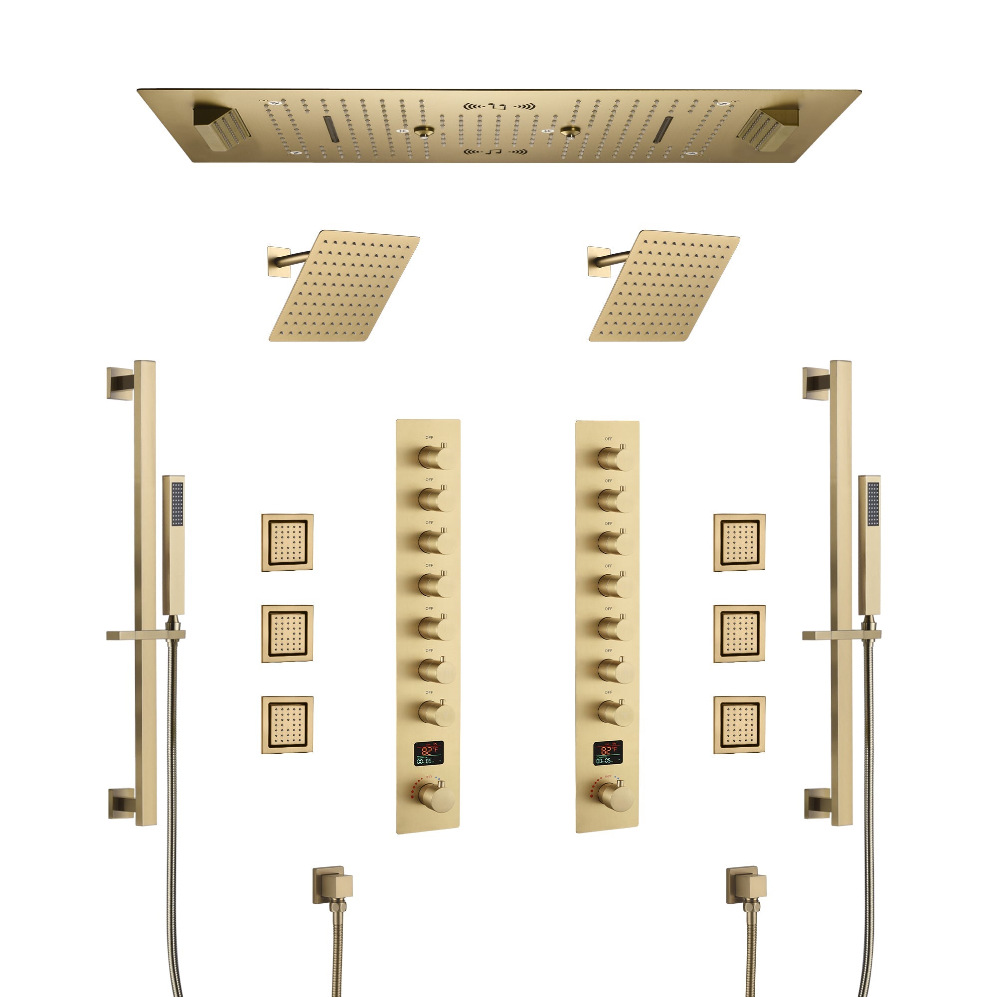 Colorado|36"X 16" In Dual Showerhead 7 Functions Complete Led Music Shower System 6 Body Jets 2x Wall Mounted Rainfall Showerhead