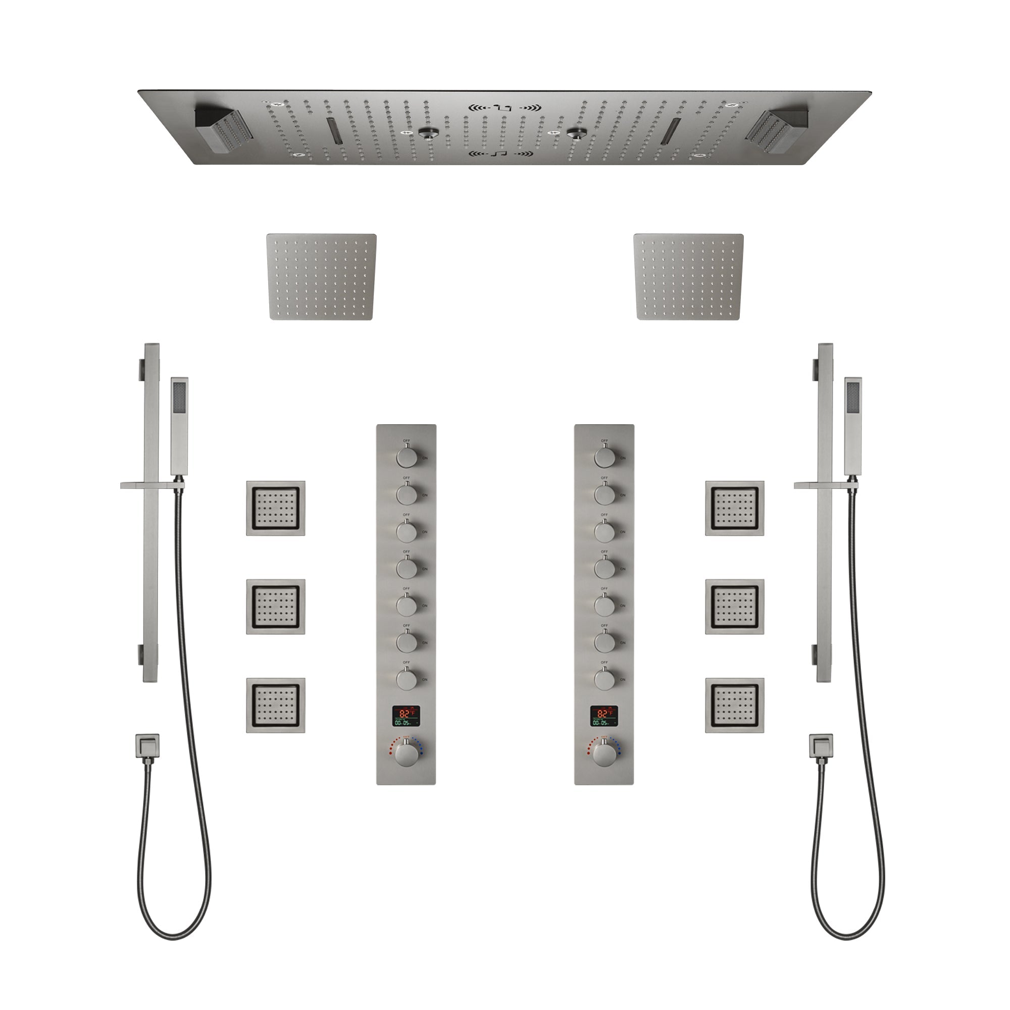 Colorado|36"X 16" In Dual Showerhead 7 Functions Complete Led Music Shower System 6 Body Jets 2x Wall Mounted Rainfall Showerhead