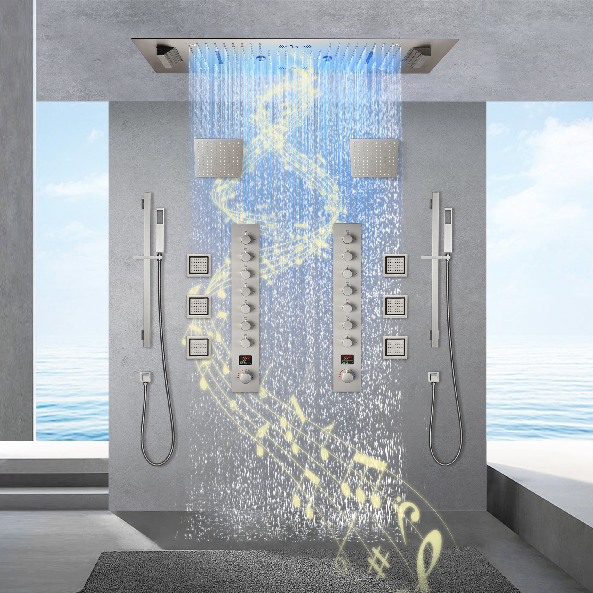 Colorado|36"X 16" In Dual Showerhead 7 Functions Complete Led Music Shower System 6 Body Jets 2x Wall Mounted Rainfall Showerhead
