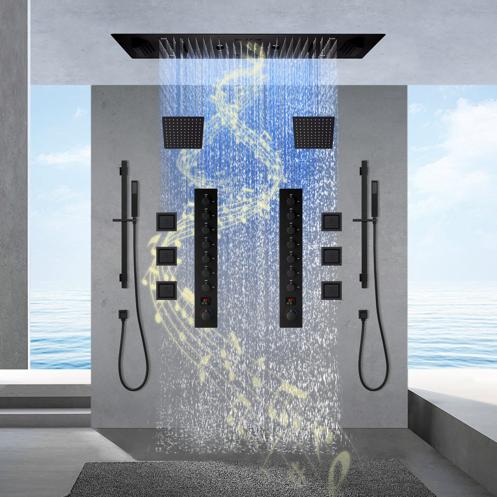 Colorado|36"X 16" In Dual Showerhead 7 Functions Complete Led Music Shower System 6 Body Jets 2x Wall Mounted Rainfall Showerhead