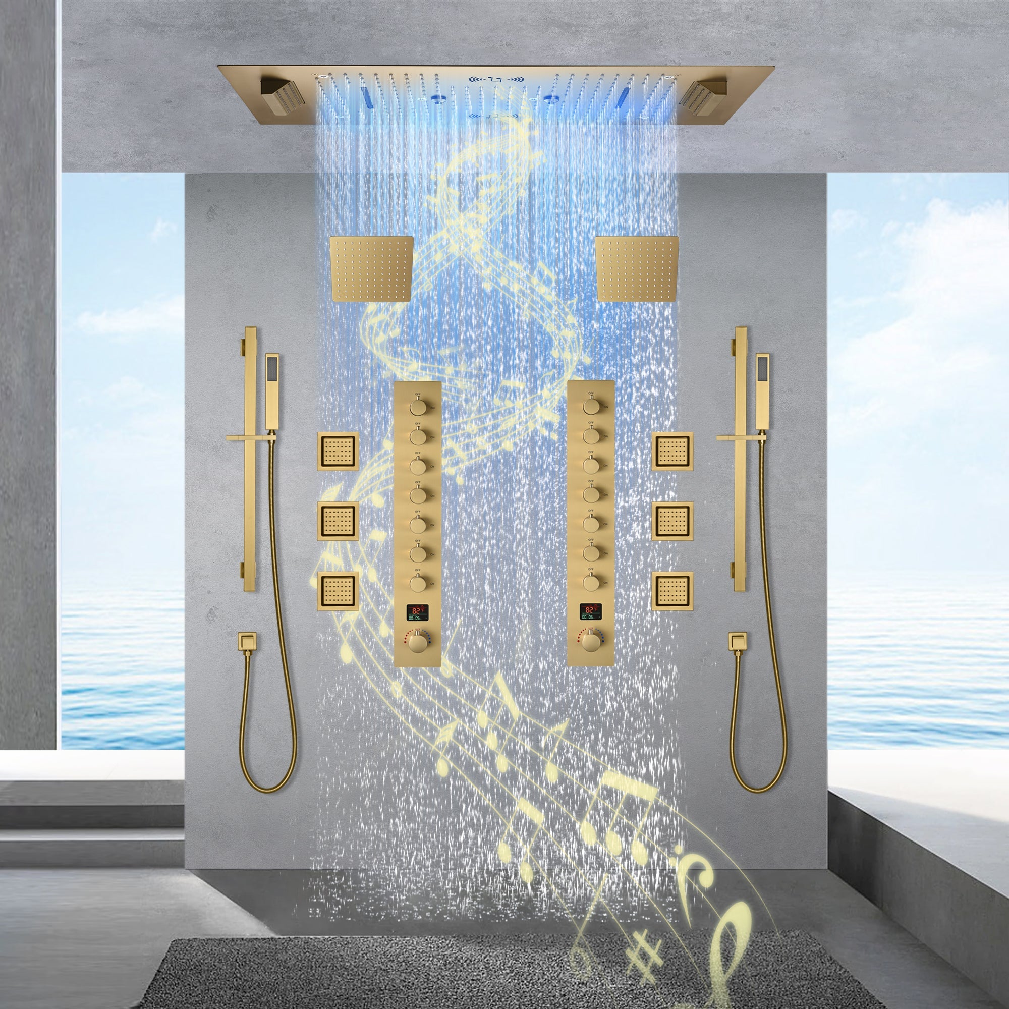 Colorado|36"X 16" In Dual Showerhead 7 Functions Complete Led Music Shower System 6 Body Jets 2x Wall Mounted Rainfall Showerhead