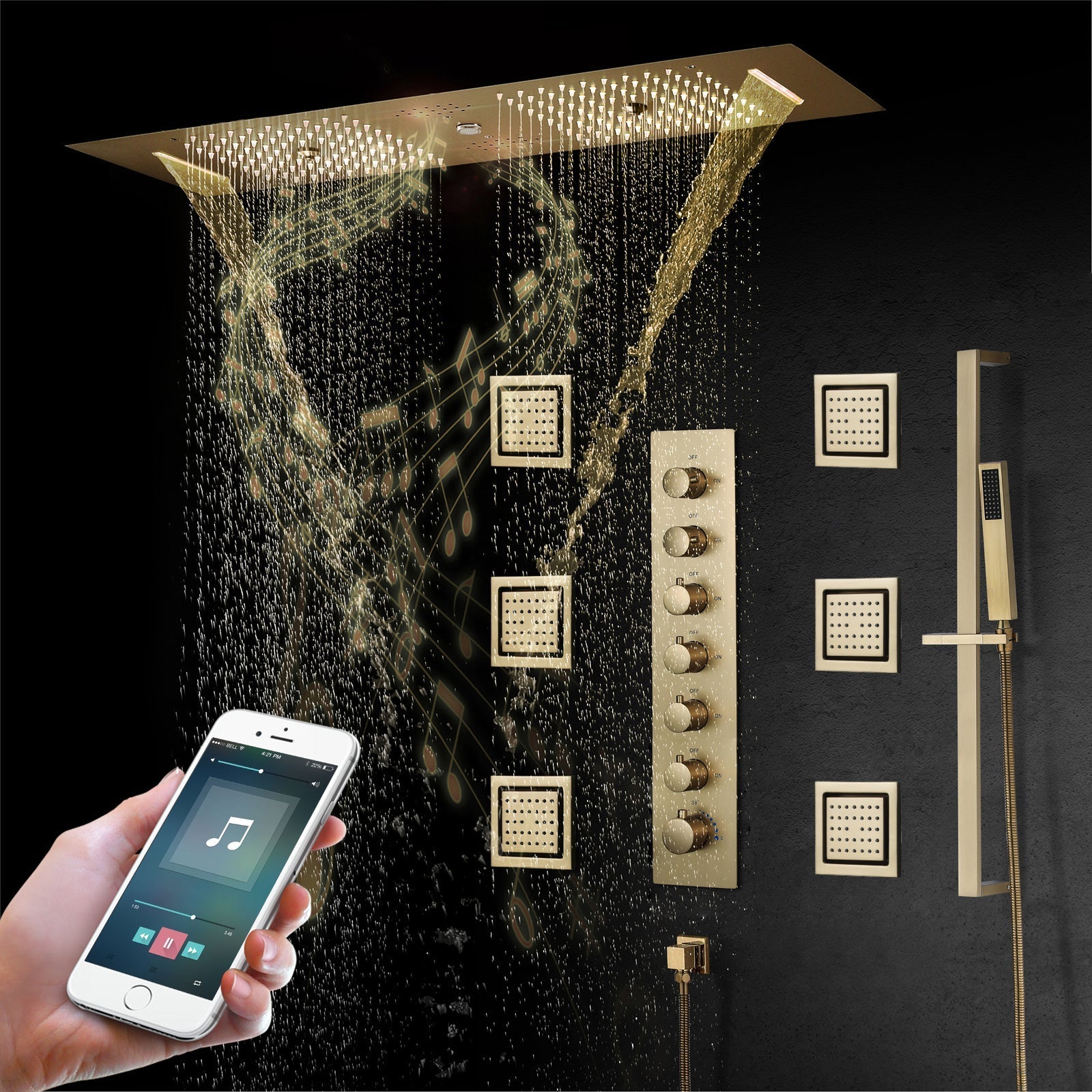 EDEN  | 36" Ceiling Mounted Complete LED Music Shower Set Rainfall/Waterfall/Mist Spray/Water Column/Large Body Jets