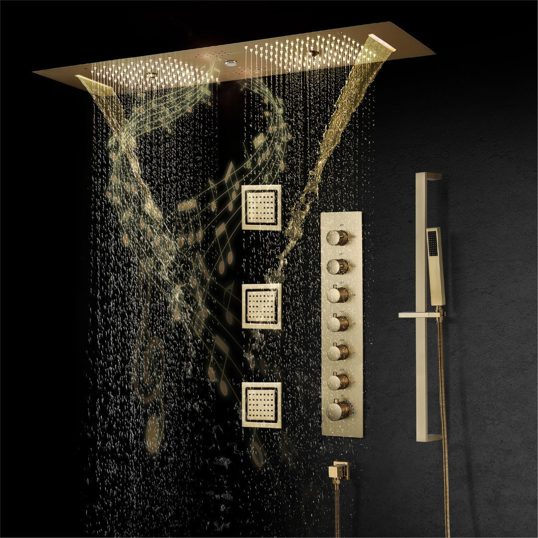 EDEN  | 36" Ceiling Mounted Complete LED Music Shower Set Rainfall/Waterfall/Mist Spray/Water Column/Large Body Jets